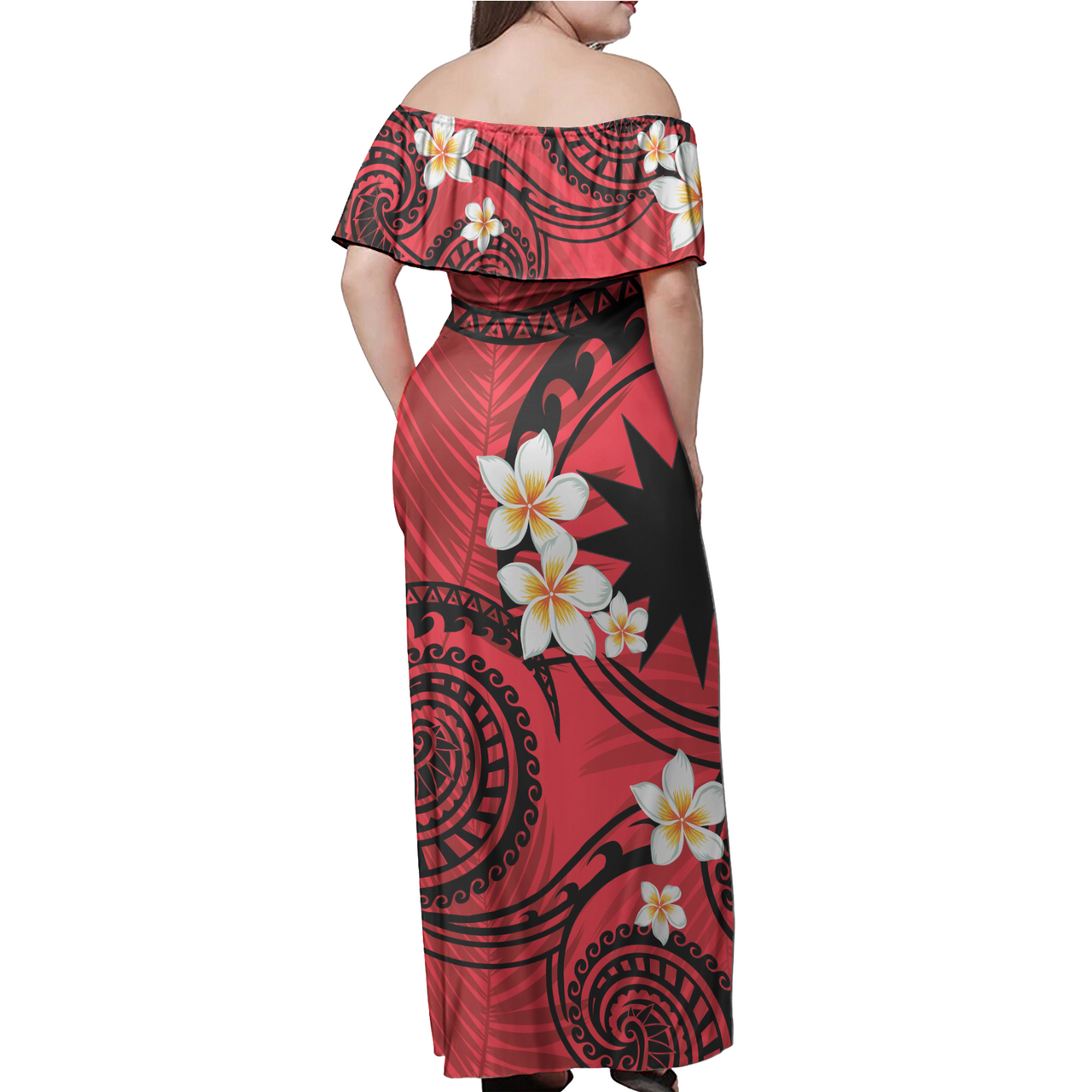 Nauru Off Shoulder Long Dress Plumeria Flowers Tribal Motif Red Version