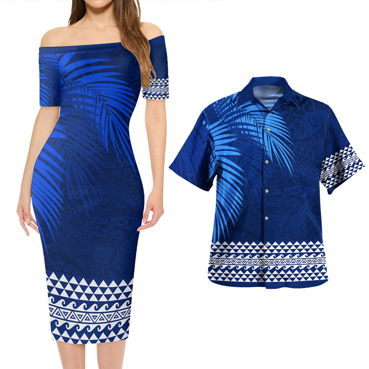 Hawaii Combo Short Sleeve Dress And Shirt Polynesian Fabric Leaves