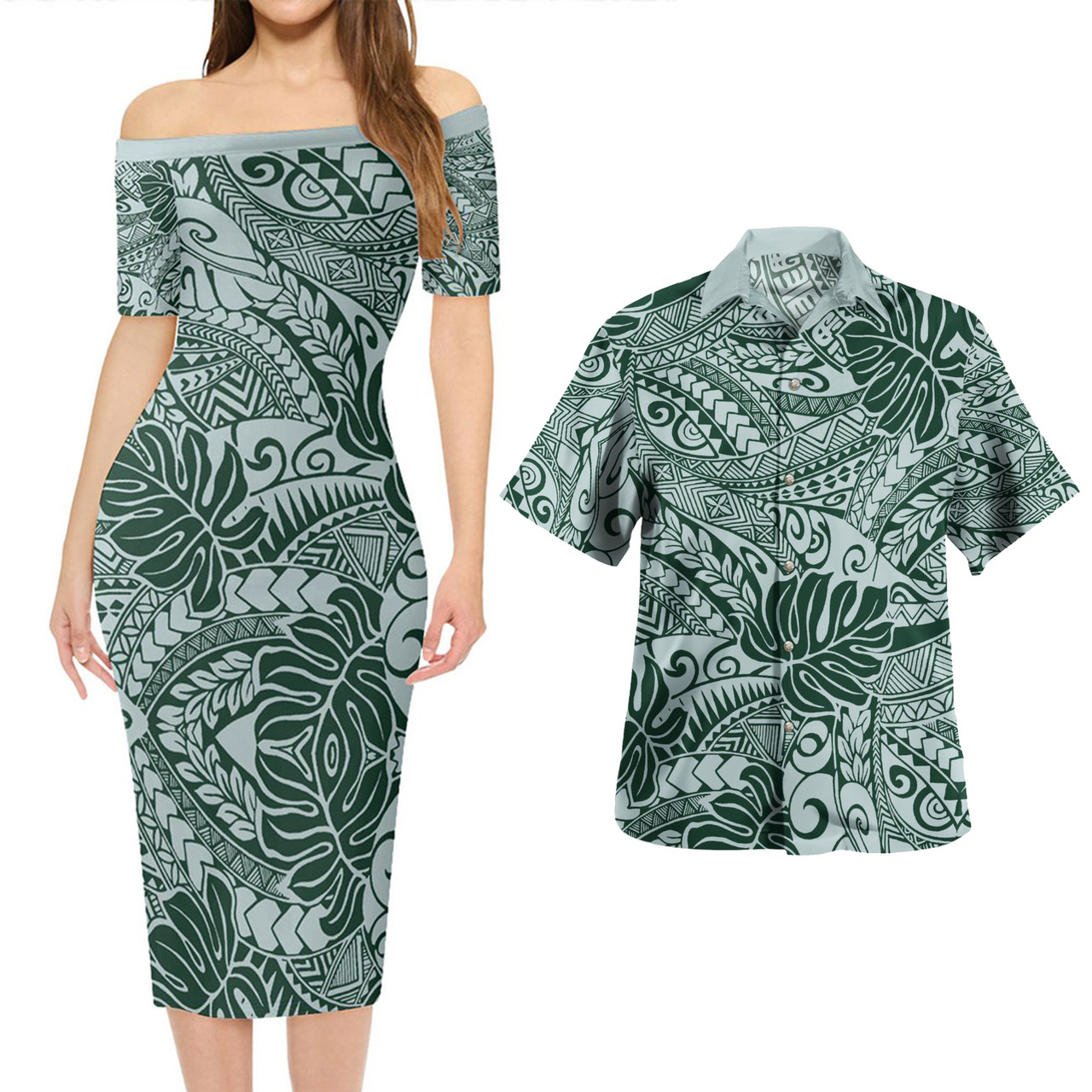 Hawaii Combo Short Sleeve Dress And Shirt Tribal Polynesian Pattern Leaf