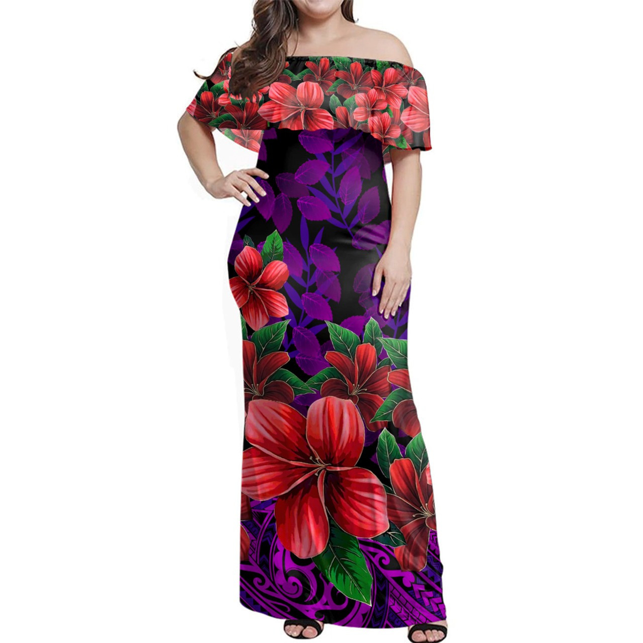 Polynesian Combo Off Shoulder Long Dress And Shirt Plumeria Tropical Leaf