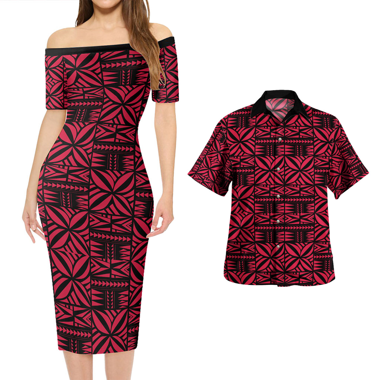 Samoa Combo Short Sleeve Dress And Shirt Design Stretch Print Fabric Pink