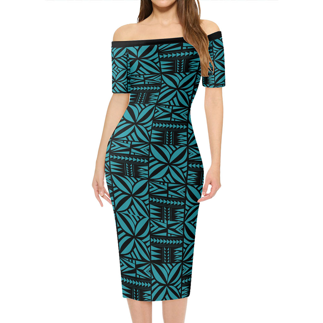 Samoa Combo Short Sleeve Dress And Shirt Design Stretch Print Fabric Turquoise