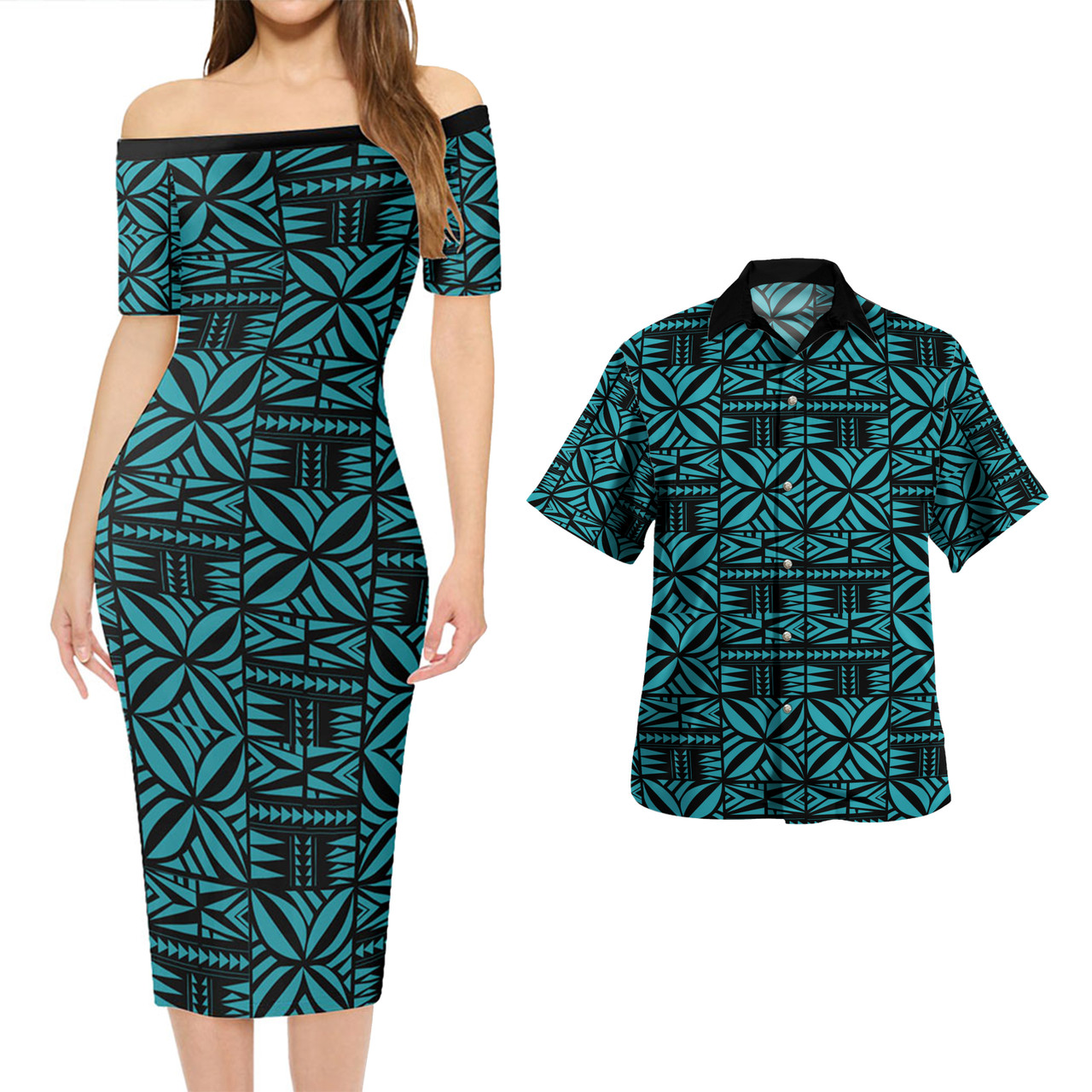 Samoa Combo Short Sleeve Dress And Shirt Design Stretch Print Fabric Turquoise