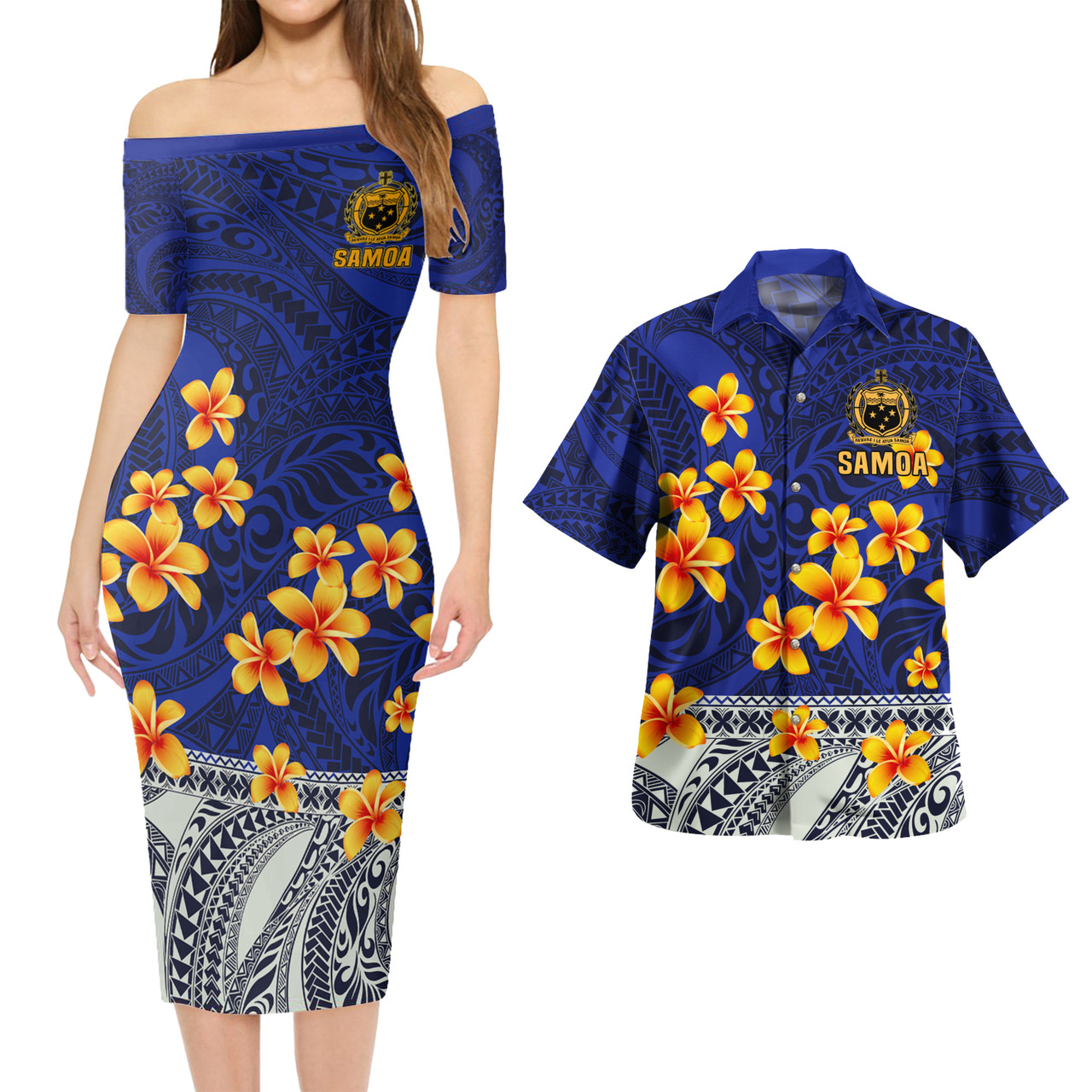 Samoa Combo Short Sleeve Dress And Shirt Plumeria Flower Fabric Design Blue