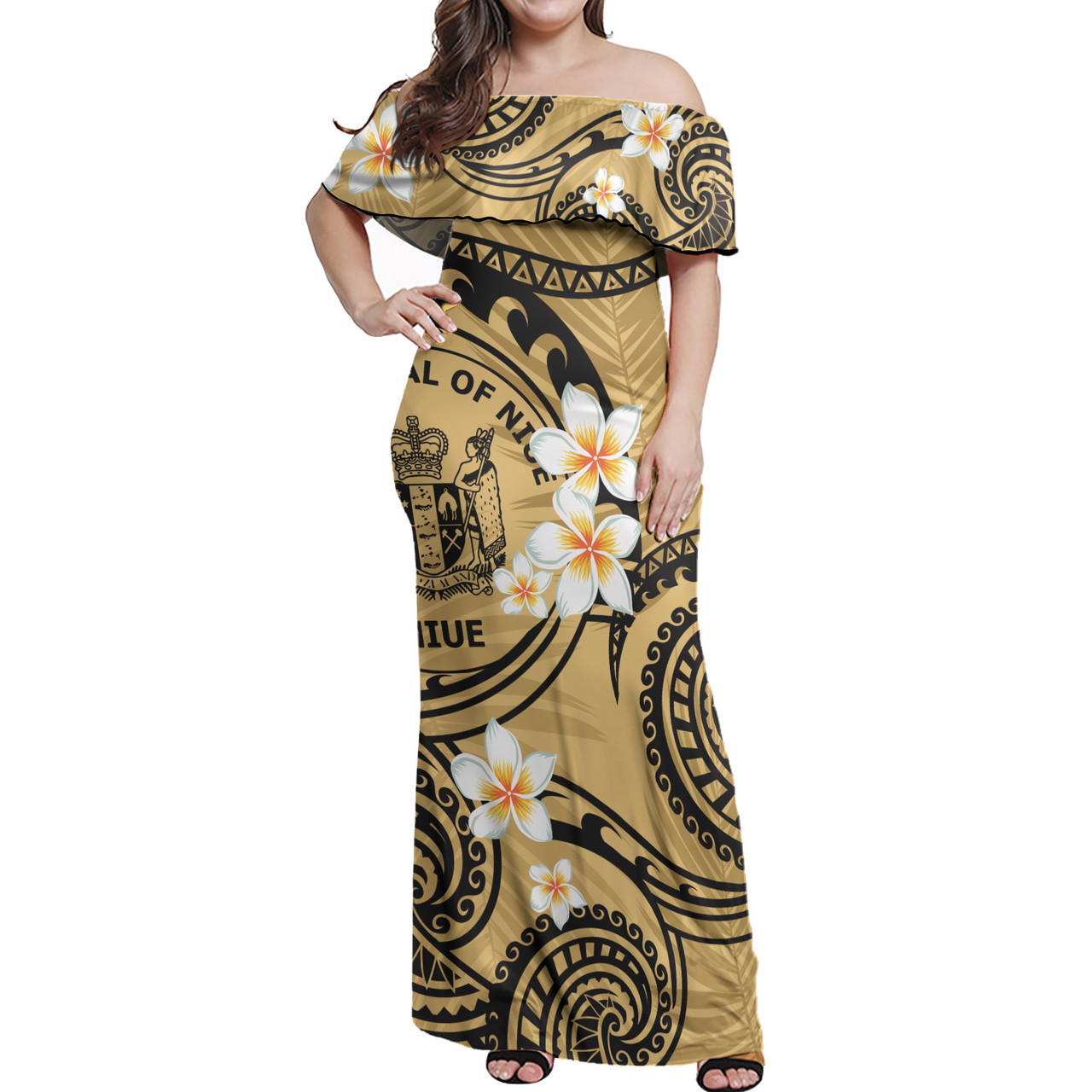 Niue Off Shoulder Long Dress Plumeria Flowers Tribal Motif Yellow Version