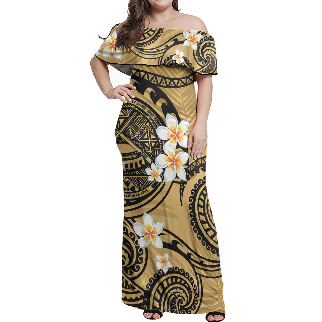 American Samoa Off Shoulder Long Dress Plumeria Flowers Tribal Motif Yellow Version