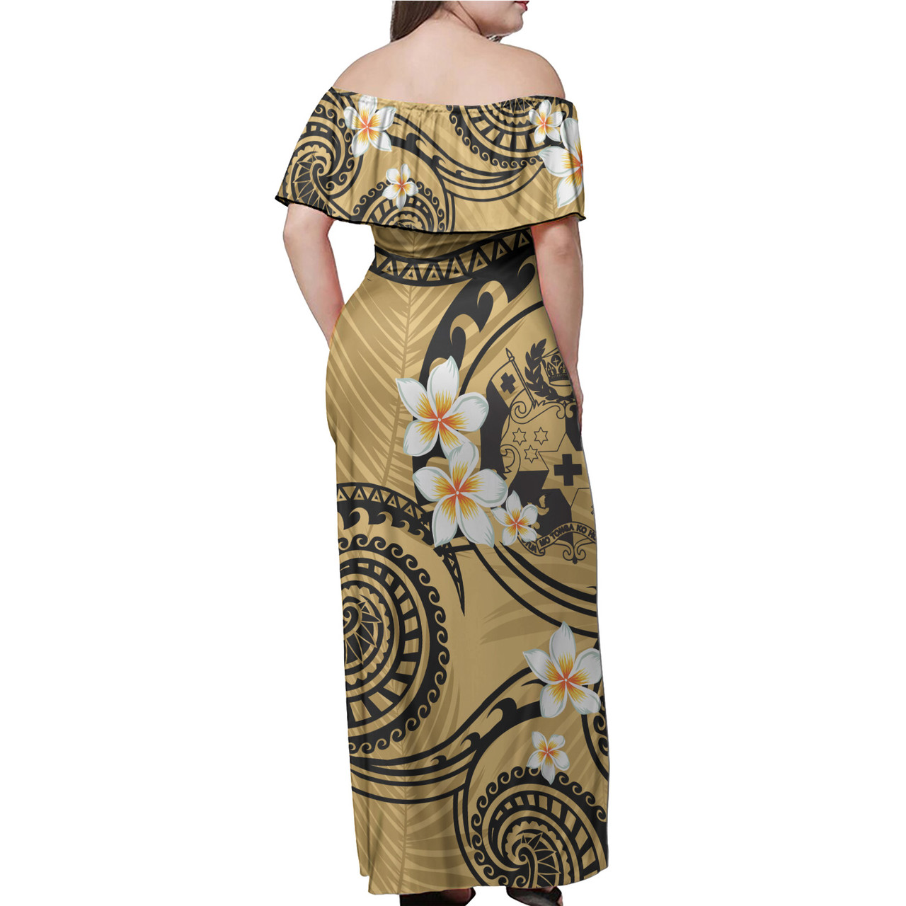 Tonga Off Shoulder Long Dress Plumeria Flowers Tribal Motif Yellow Version