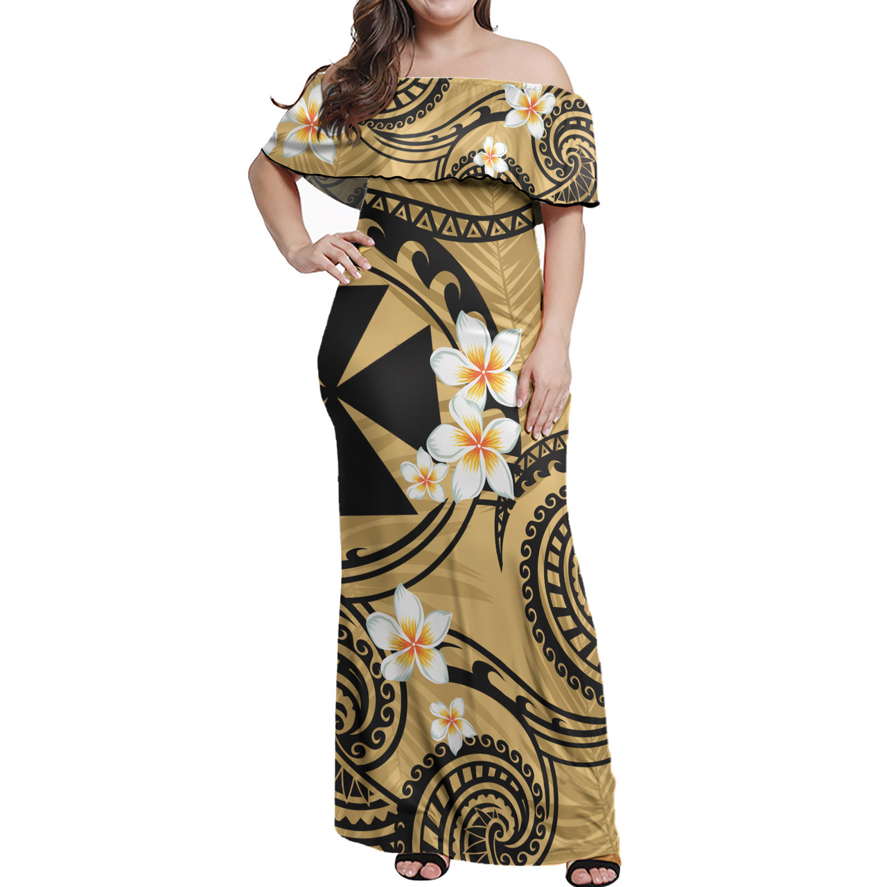 Wallis And Futuna Off Shoulder Long Dress Plumeria Flowers Tribal Motif Yellow Version