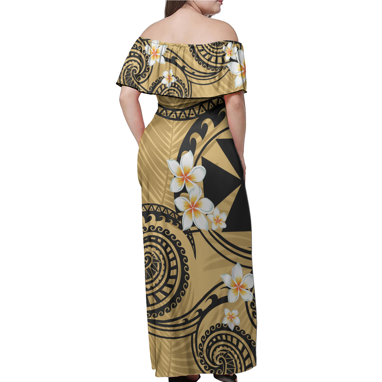 Wallis And Futuna Off Shoulder Long Dress Plumeria Flowers Tribal Motif Yellow Version