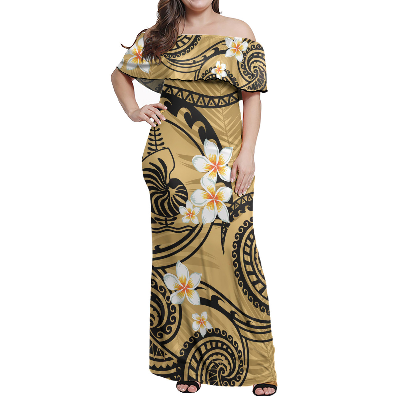 New Caledonia Off Shoulder Long Dress Plumeria Flowers Tribal Motif Yellow Version