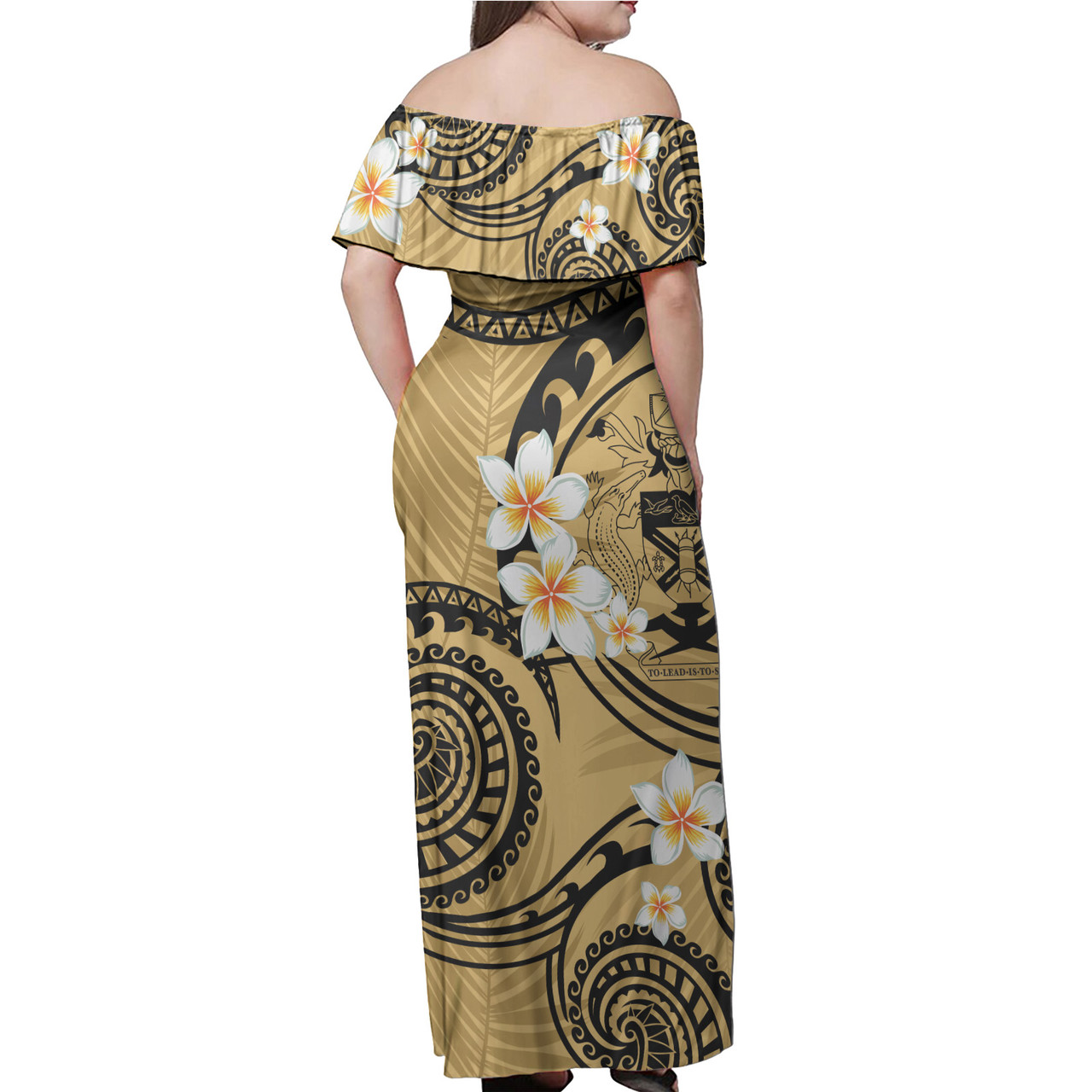 Solomon Islands Off Shoulder Long Dress Plumeria Flowers Tribal Motif Yellow Version