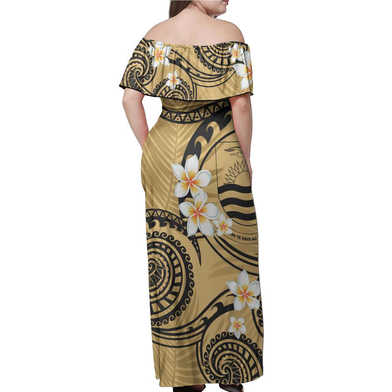 Kiribati Off Shoulder Long Dress Plumeria Flowers Tribal Motif Yellow Version