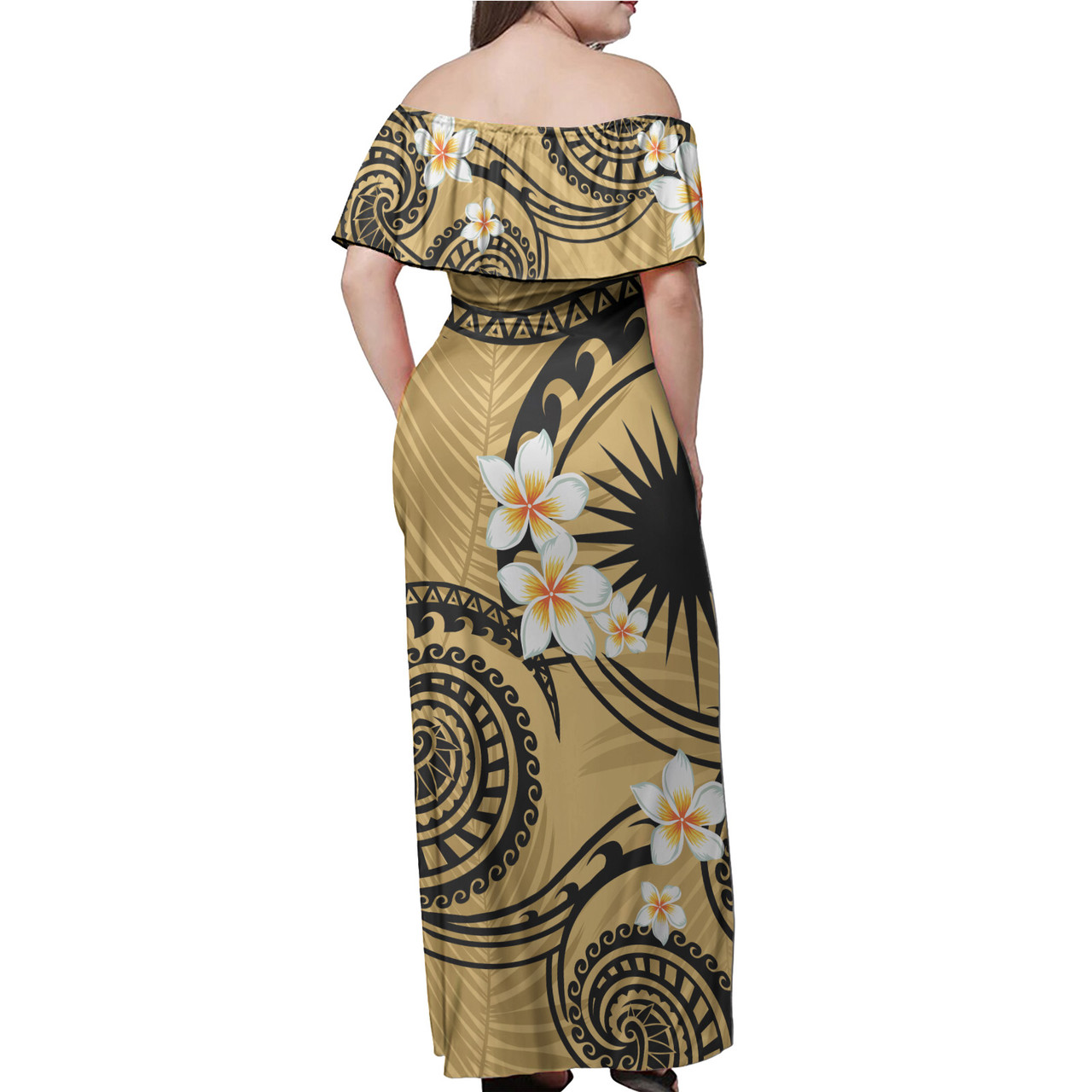 Marshall Islands Off Shoulder Long Dress Plumeria Flowers Tribal Motif Yellow Version