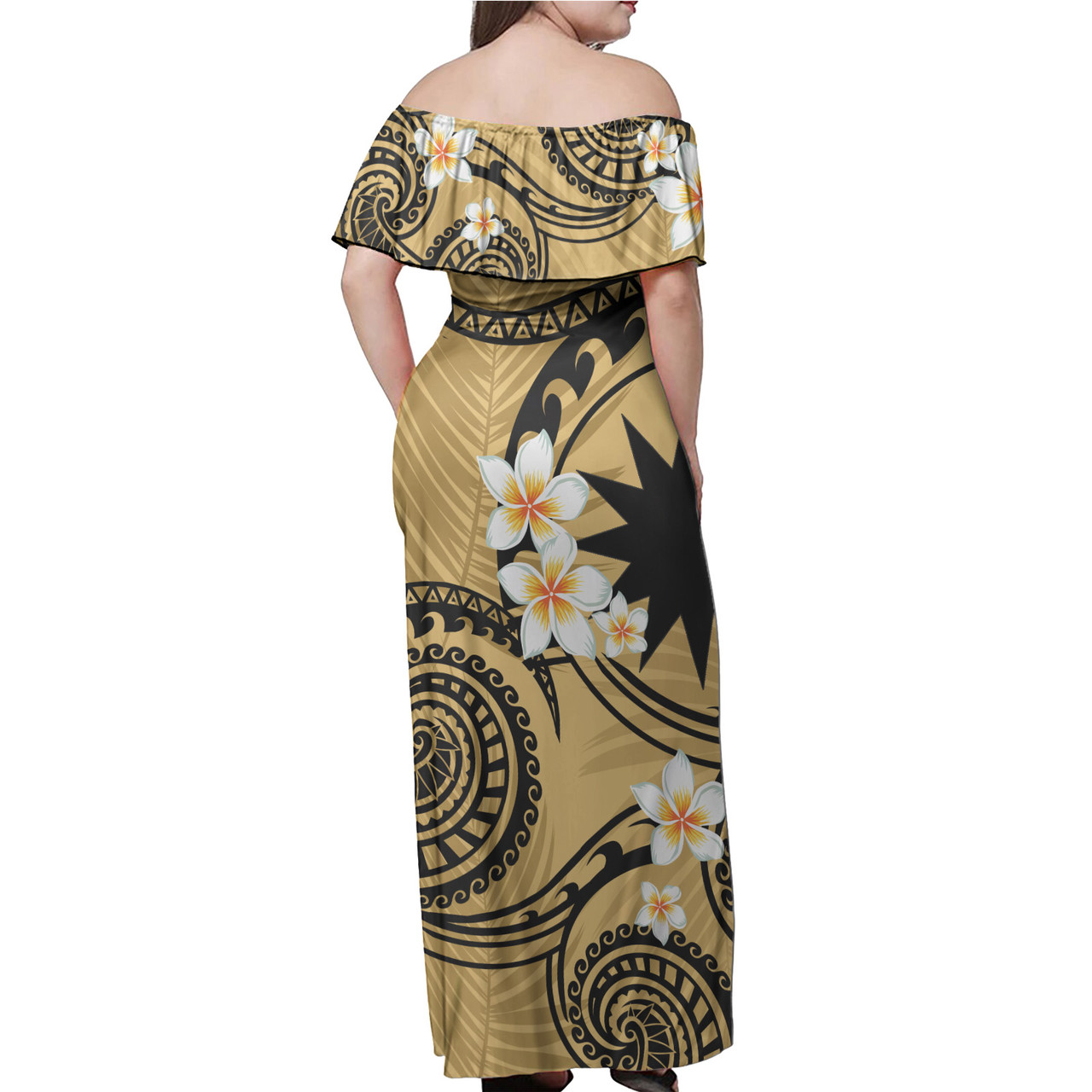 Nauru Off Shoulder Long Dress Plumeria Flowers Tribal Motif Yellow Version