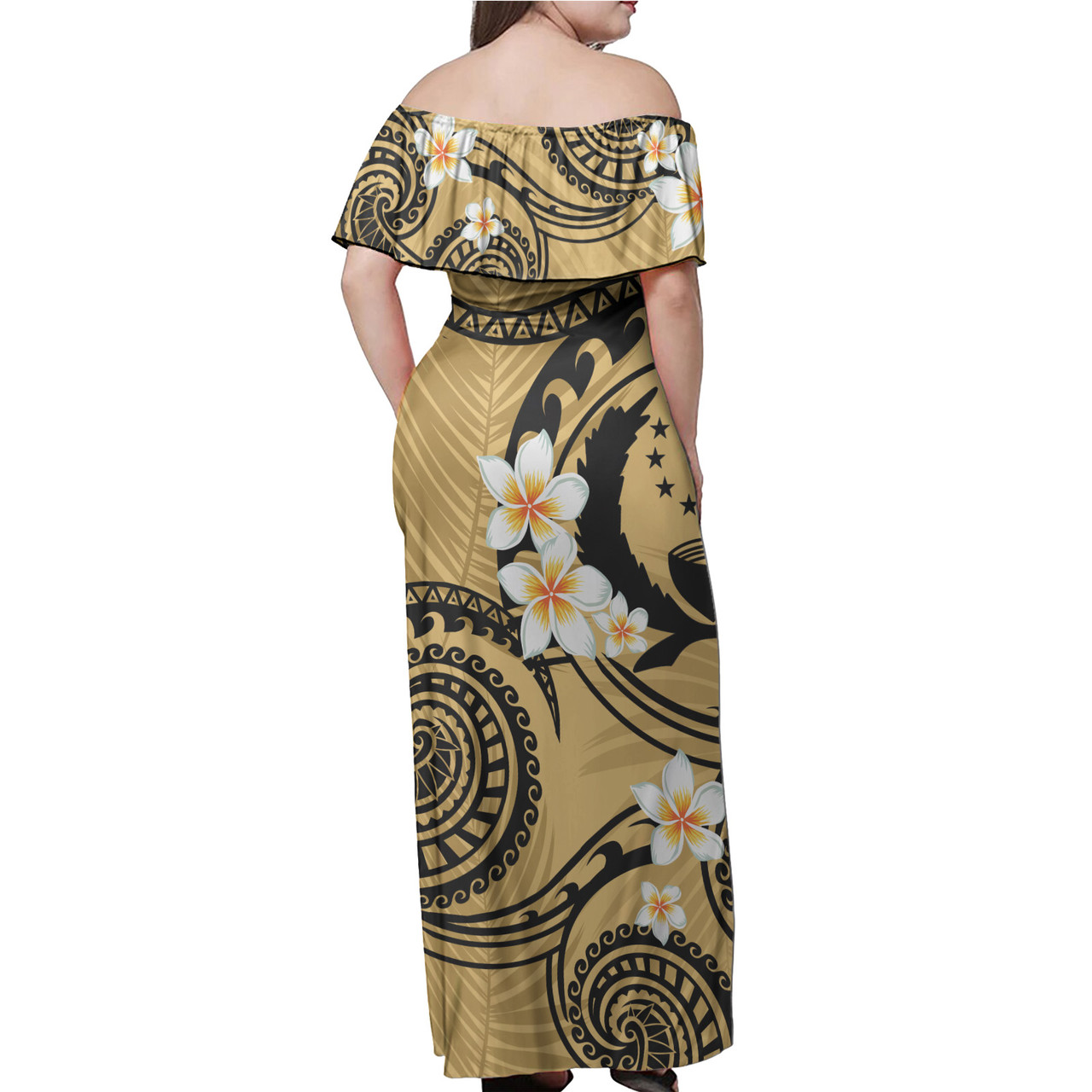 Pohnpei State Off Shoulder Long Dress Plumeria Flowers Tribal Motif Yellow Version