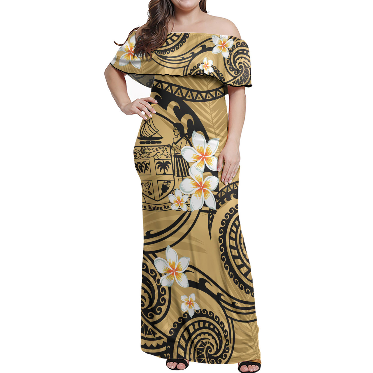 Fiji Off Shoulder Long Dress Plumeria Flowers Tribal Motif Yellow Version