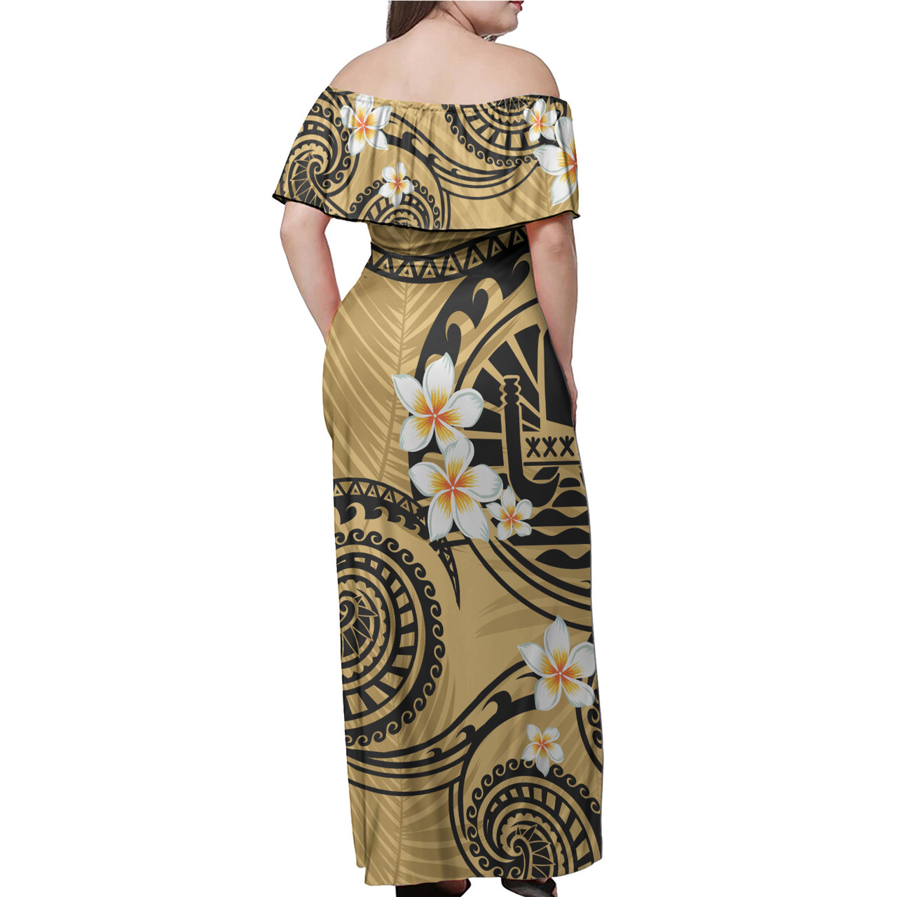 Tahiti Off Shoulder Long Dress Plumeria Flowers Tribal Motif Yellow Version