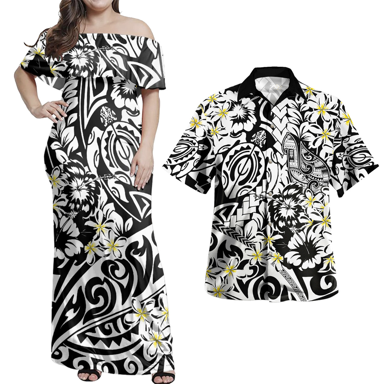 Polynesian Combo Off Shoulder Long Dress And Shirt - Tropical Tribal Turtle With Fish Hook Pure Black