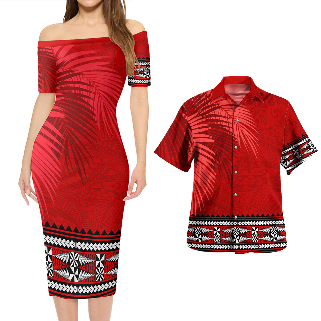 Tonga Combo Short Sleeve Dress And Shirt Ngatu Fabric Leaves