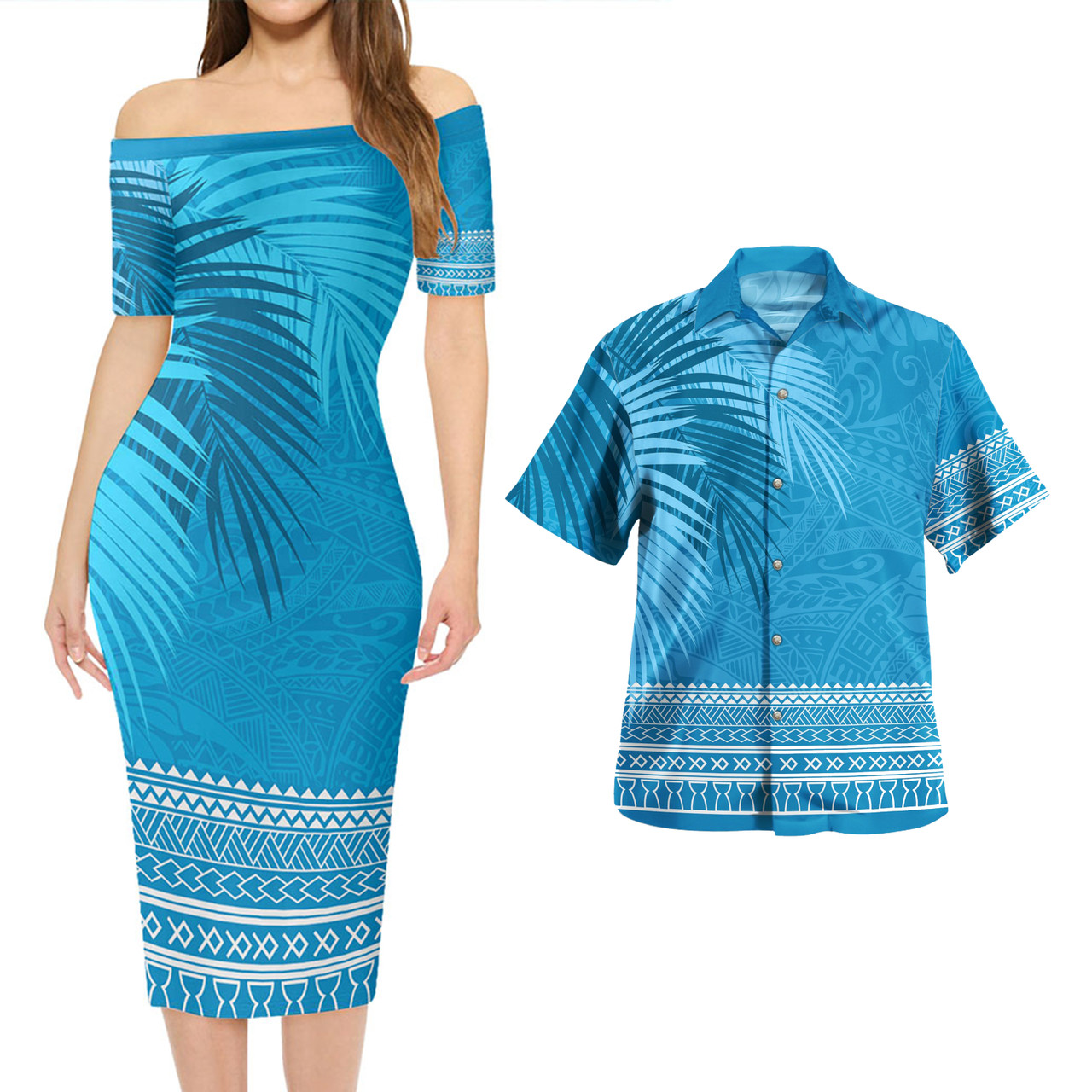 Guam Combo Short Sleeve Dress And Shirt Guam Polynesian Fabric Leaves