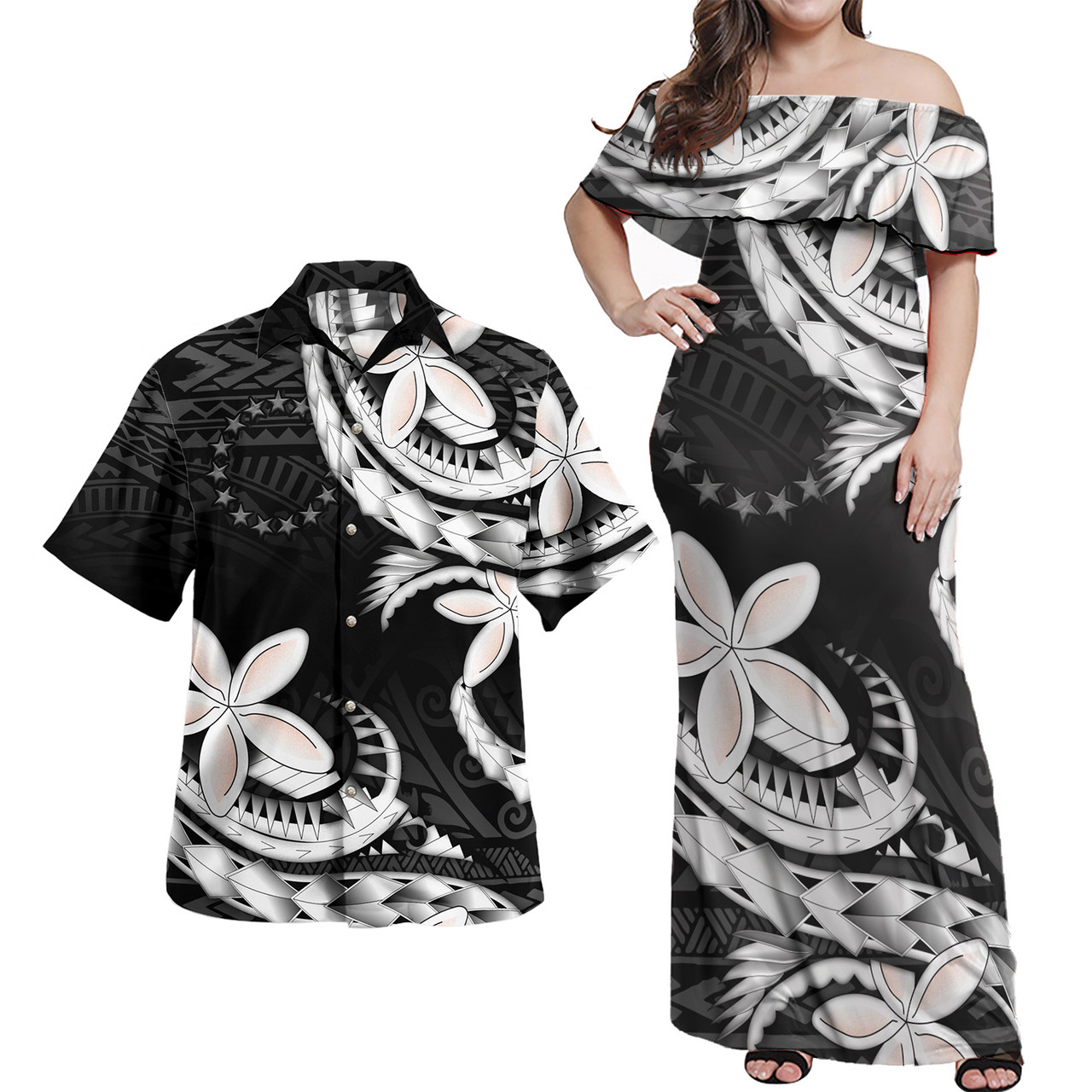 Cook Islands Combo Off Shoulder Long Dress And Shirt Polynesian Patterns Plumeria Flowers Special Style