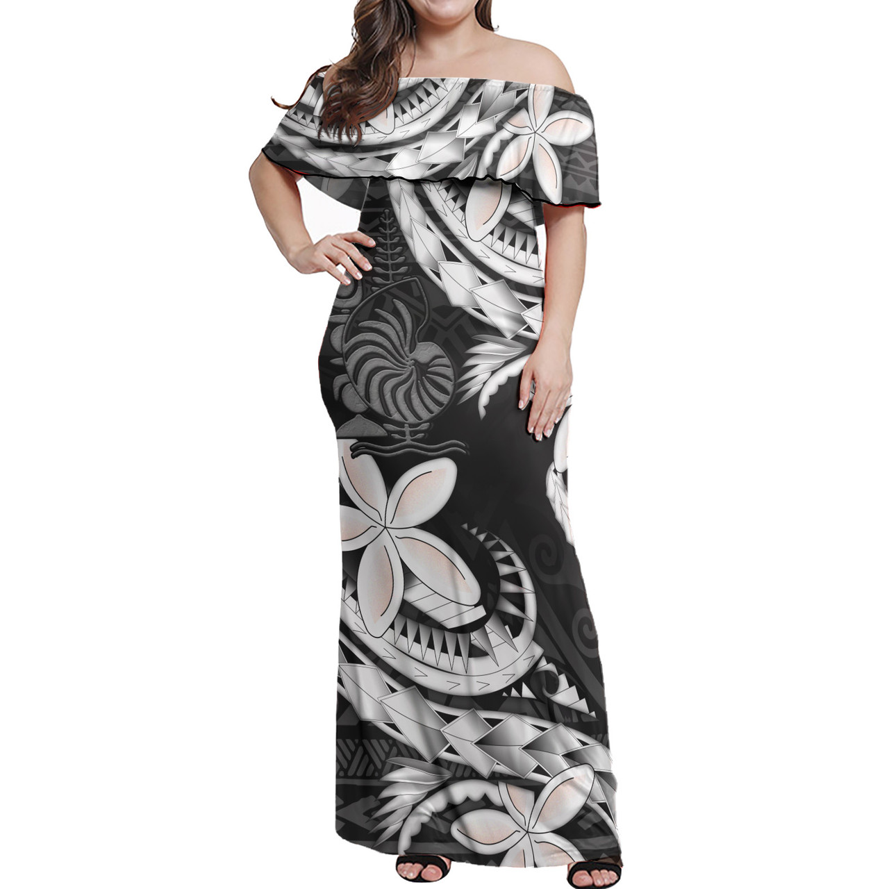 New Caledonia Combo Off Shoulder Long Dress And Shirt Polynesian Patterns Plumeria Flowers Special Style