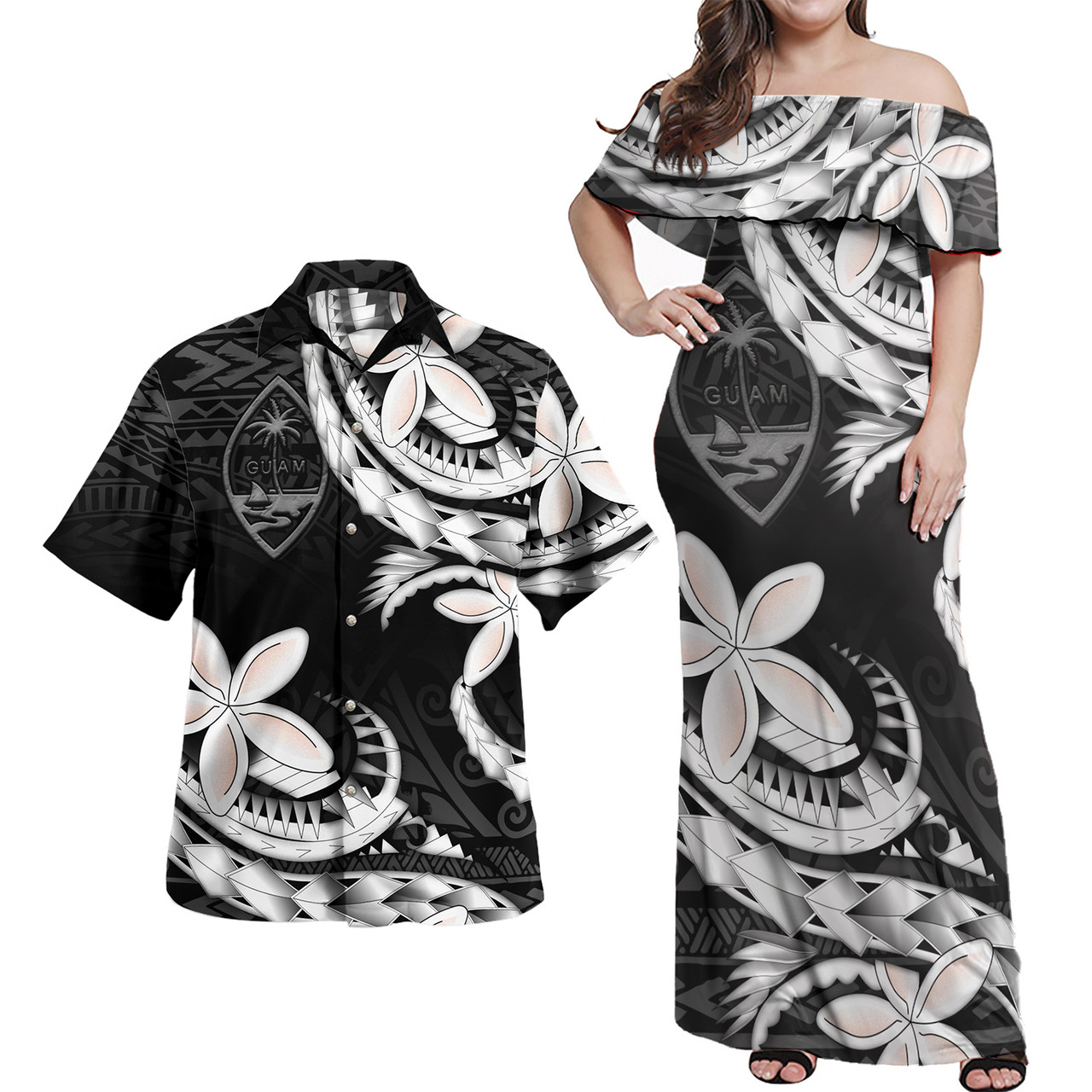 Guam Combo Off Shoulder Long Dress And Shirt Polynesian Patterns Plumeria Flowers Special Style
