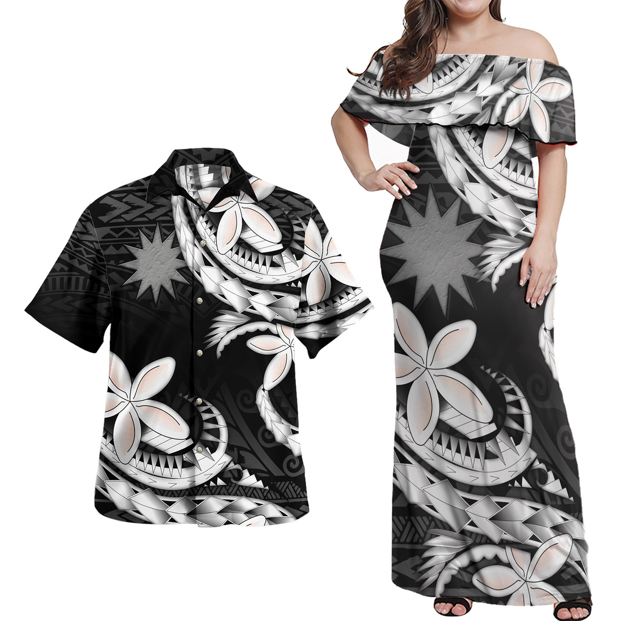 Nauru Combo Off Shoulder Long Dress And Shirt Polynesian Patterns Plumeria Flowers Special Style