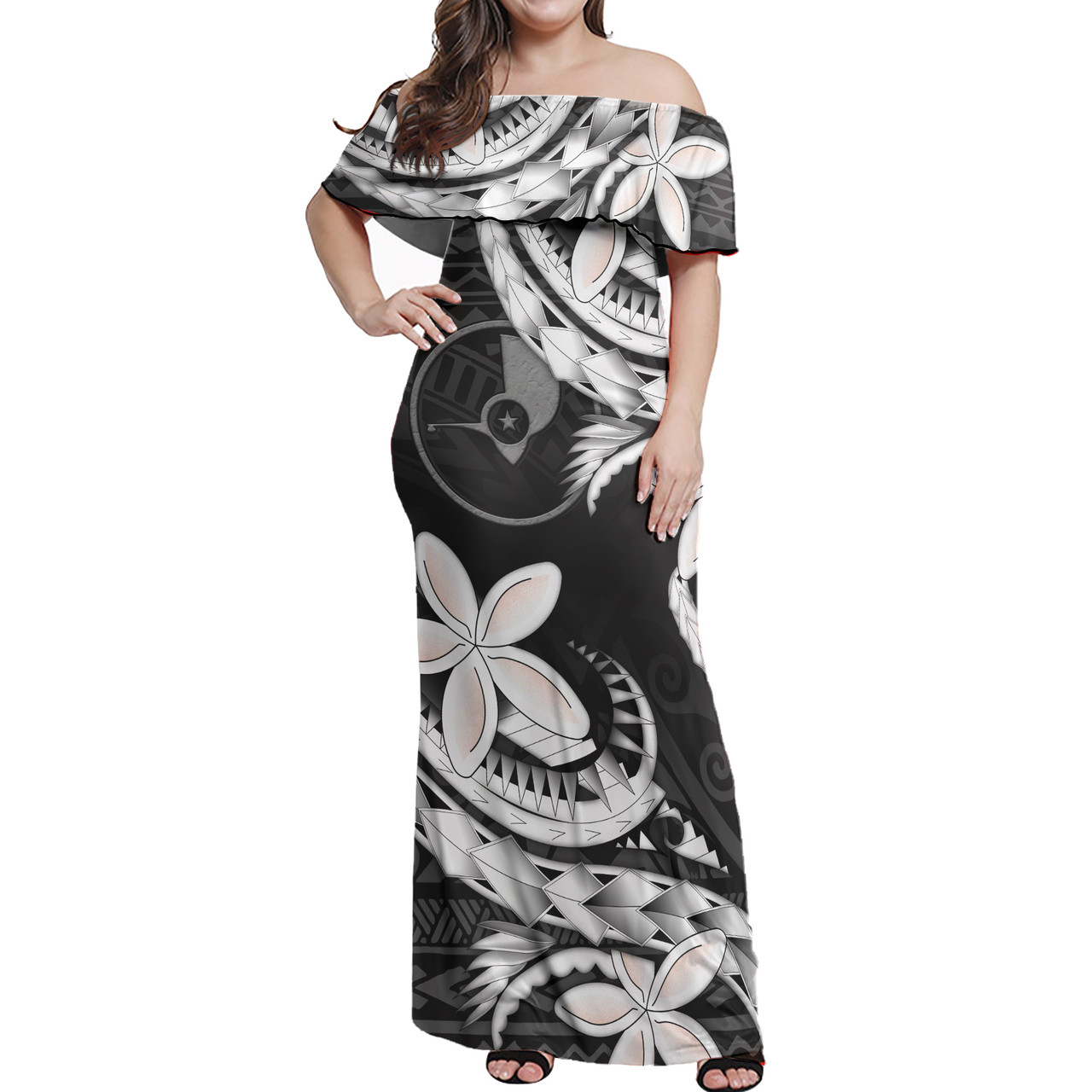 Yap State Combo Off Shoulder Long Dress And Shirt Polynesian Patterns Plumeria Flowers Special Style