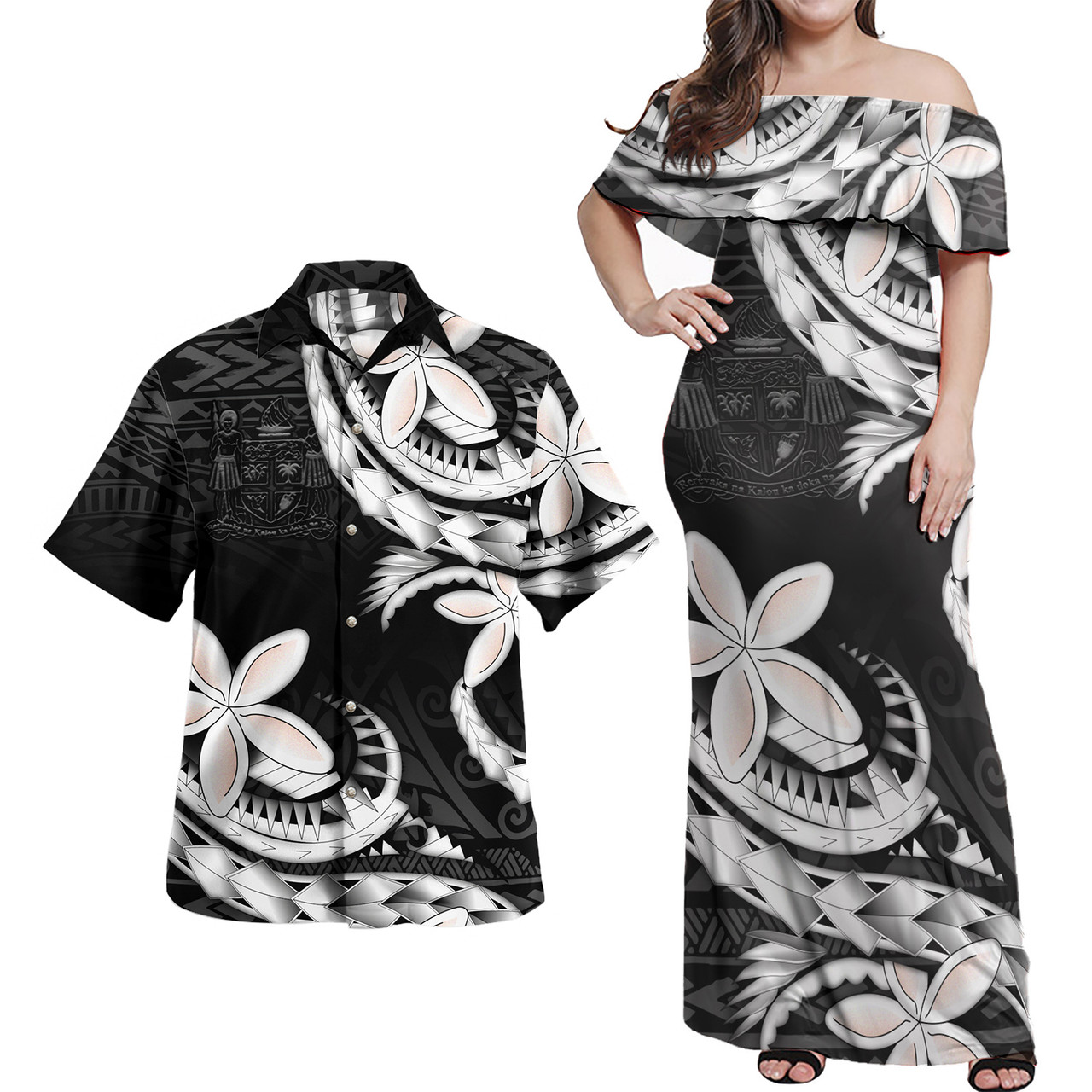 Fiji Combo Off Shoulder Long Dress And Shirt Polynesian Patterns Plumeria Flowers Special Style