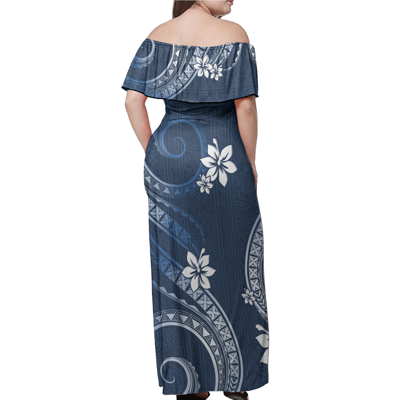 Niue Off Shoulder Long Dress White Hibicus Blue Pattern