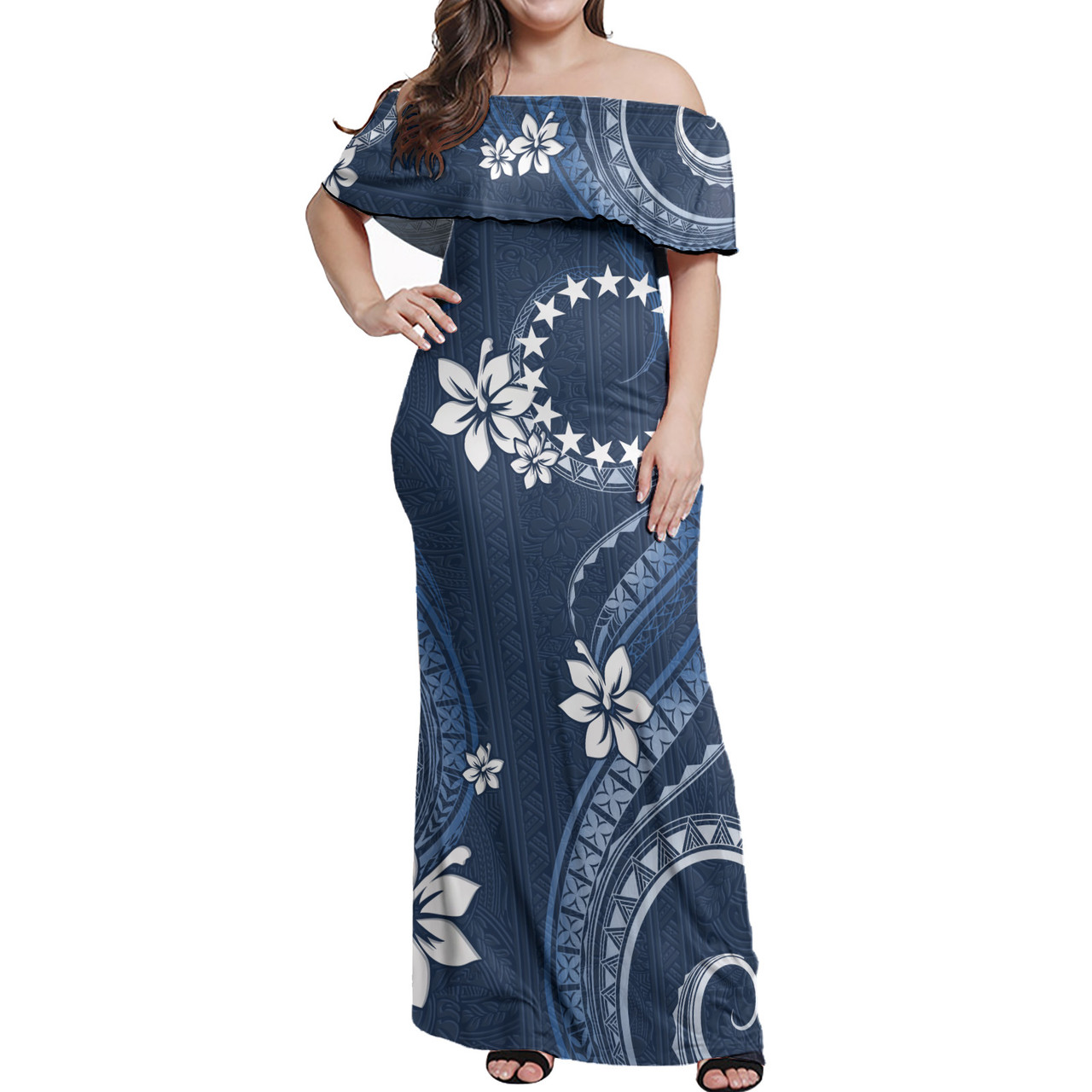 Cook Islands Off Shoulder Long Dress White Hibicus Blue Pattern