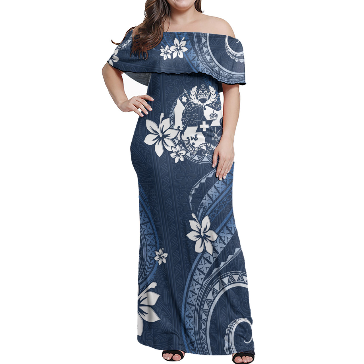 Tonga Off Shoulder Long Dress White Hibicus Blue Pattern