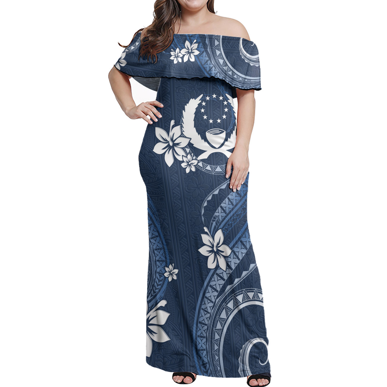 Pohnpei State Off Shoulder Long Dress White Hibicus Blue Pattern