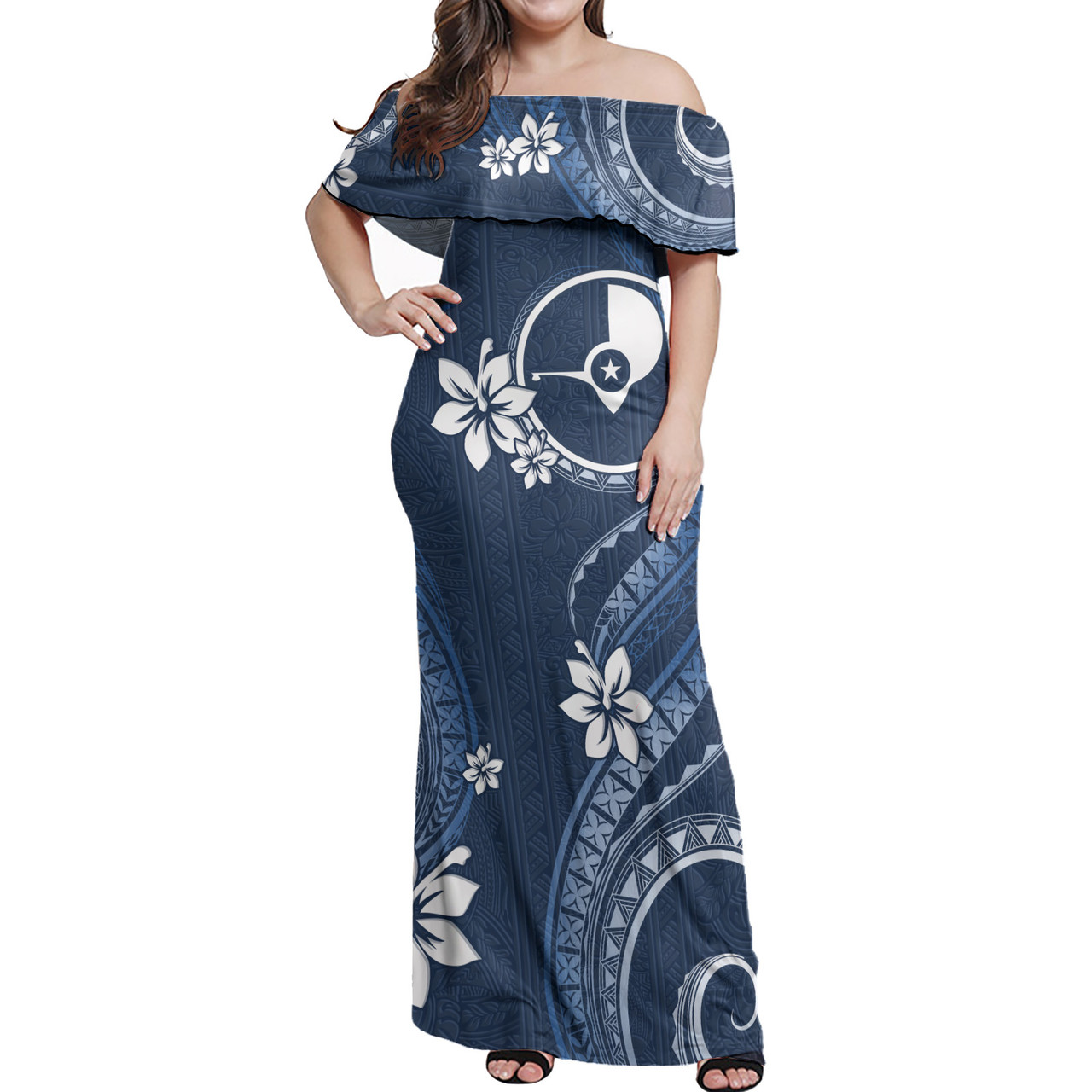 Yap State Off Shoulder Long Dress White Hibicus Blue Pattern