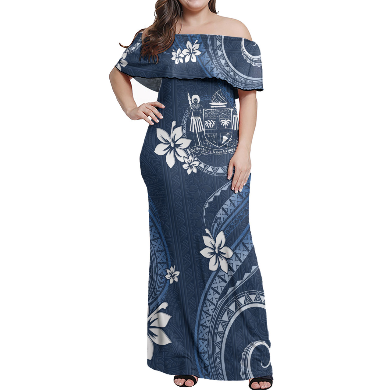 Fiji Off Shoulder Long Dress White Hibicus Blue Pattern