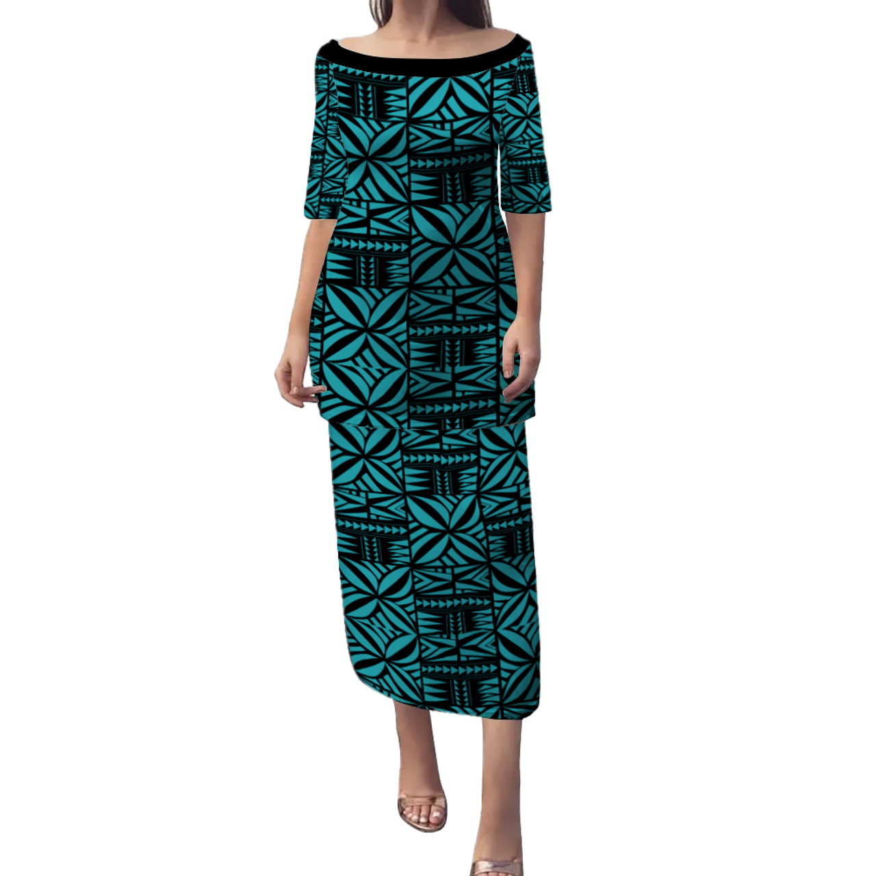 Samoa Puletasi Design Stretch Print Fabric Turquoise