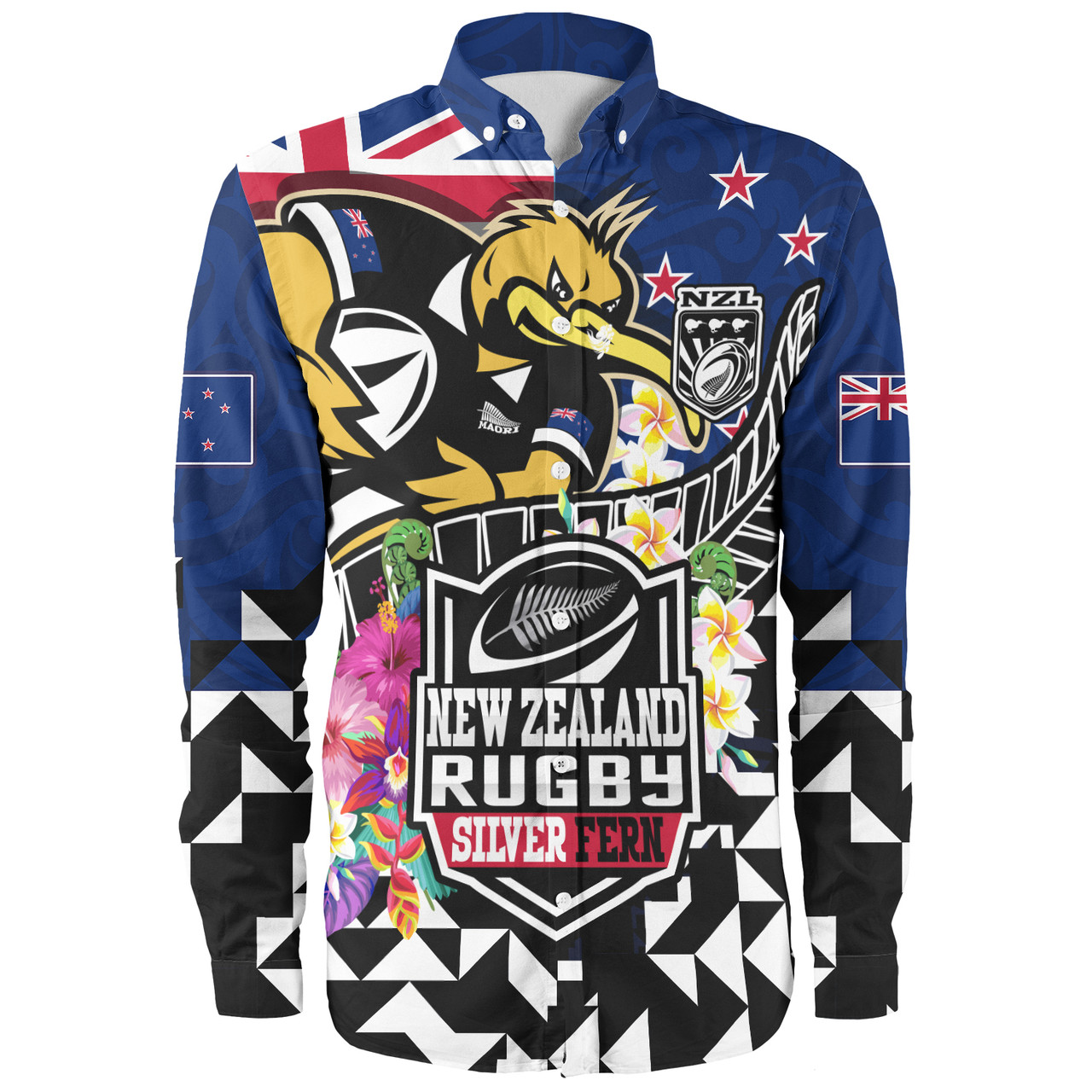 New Zealand Long Sleeve Shirt Custom Maori Kiwis Rugby Silver Fern Black Hexagon Tropical Jersey