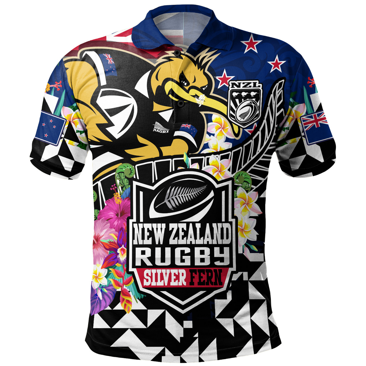 New Zealand Polo Shirt Custom Maori Kiwis Rugby Silver Fern Black Hexagon Tropical Jersey