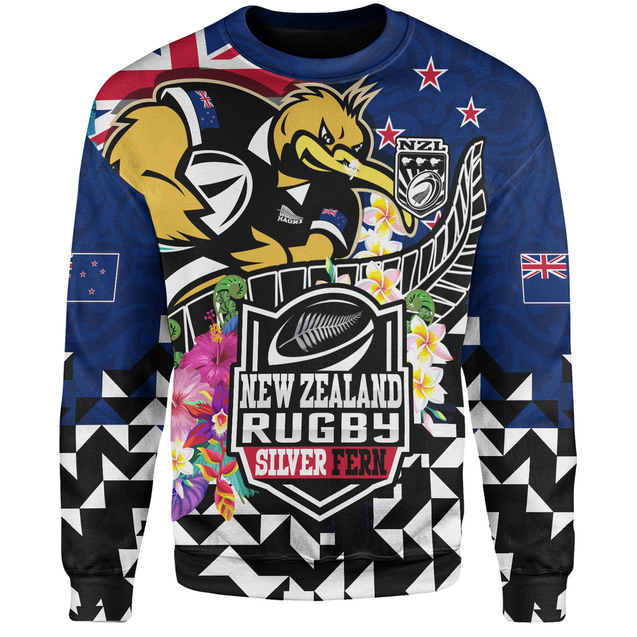 New Zealand Sweatshirt Custom Maori Kiwis Rugby Silver Fern Black Hexagon Tropical Jersey