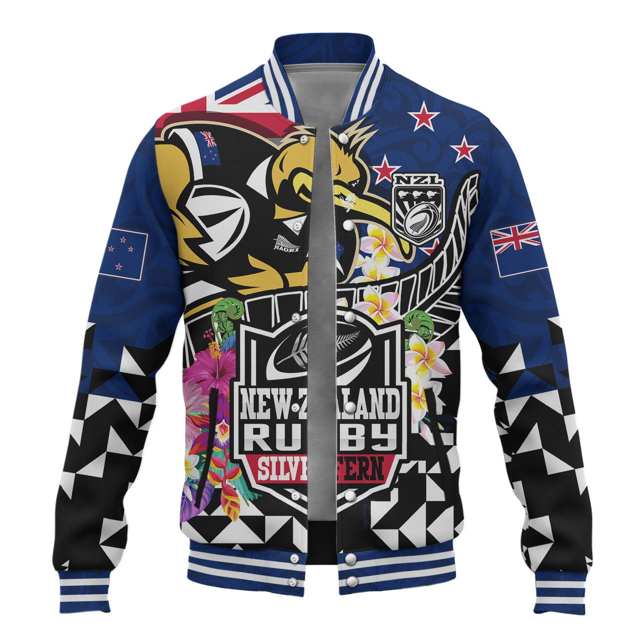 New Zealand Baseball Jacket Custom Maori Kiwis Rugby Silver Fern Black Hexagon Tropical Jersey