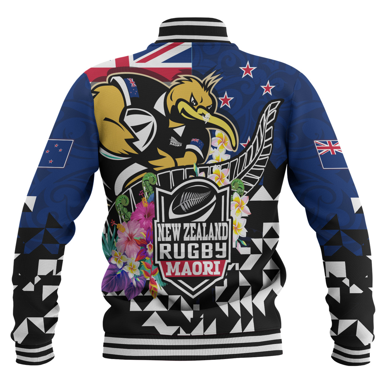New Zealand Baseball Jacket Custom Maori Kiwis Rugby Silver Fern Black Hexagon Tropical Jersey