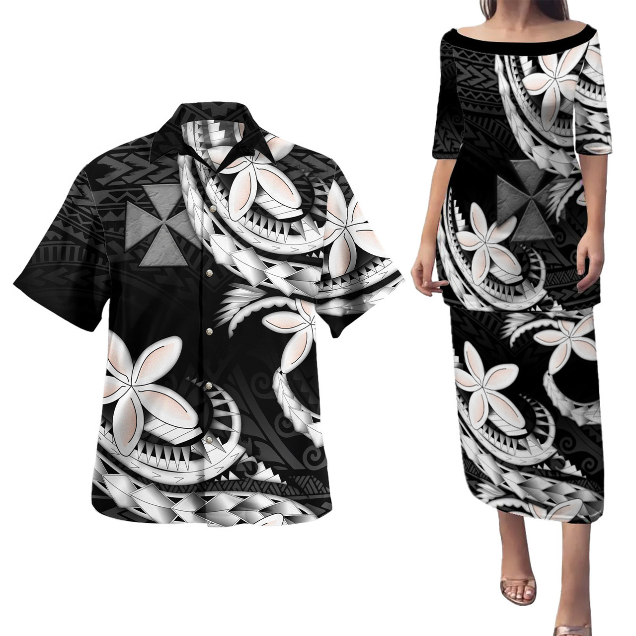 Wallis And Futuna Combo Puletasi And Shirt Polynesian Patterns Plumeria Flowers Special Style