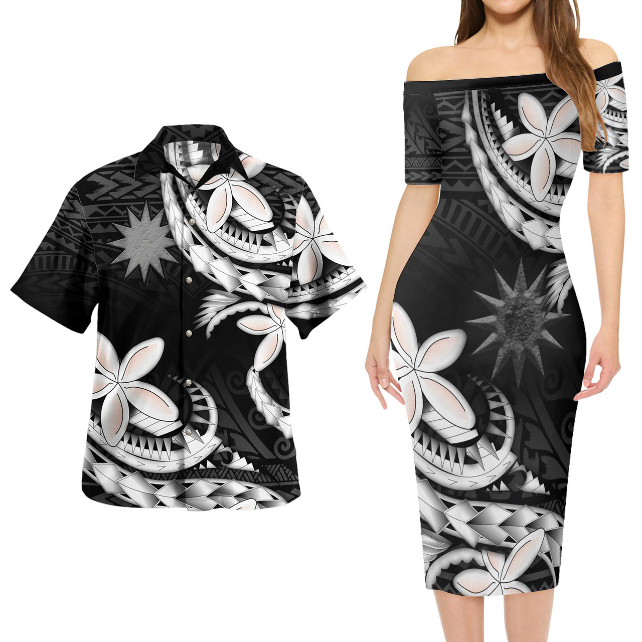 Nauru Combo Short Sleeve Dress And Shirt Polynesian Patterns Plumeria Flowers Special Style