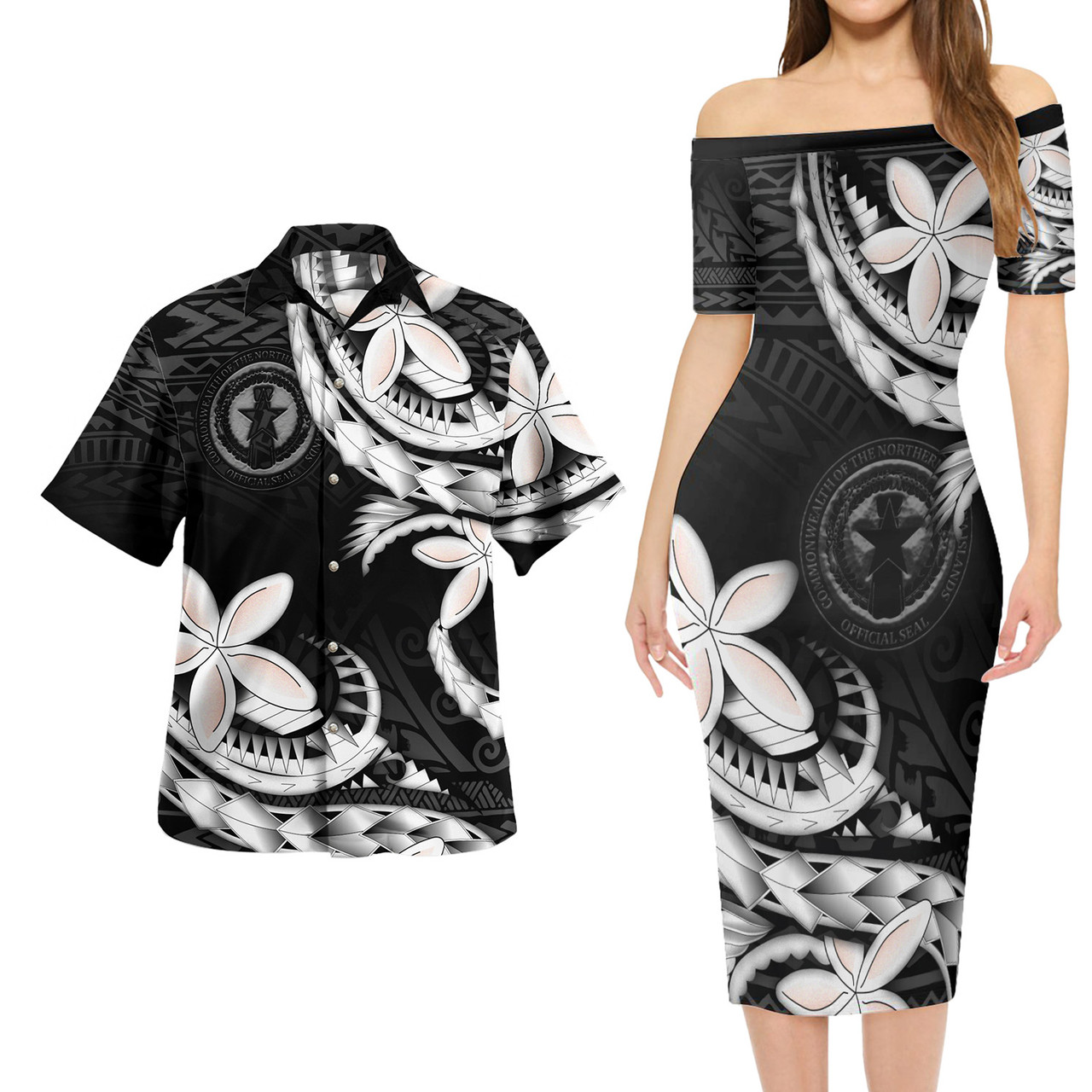 Northern Mariana Islands Combo Short Sleeve Dress And Shirt Polynesian Patterns Plumeria Flowers Special Style