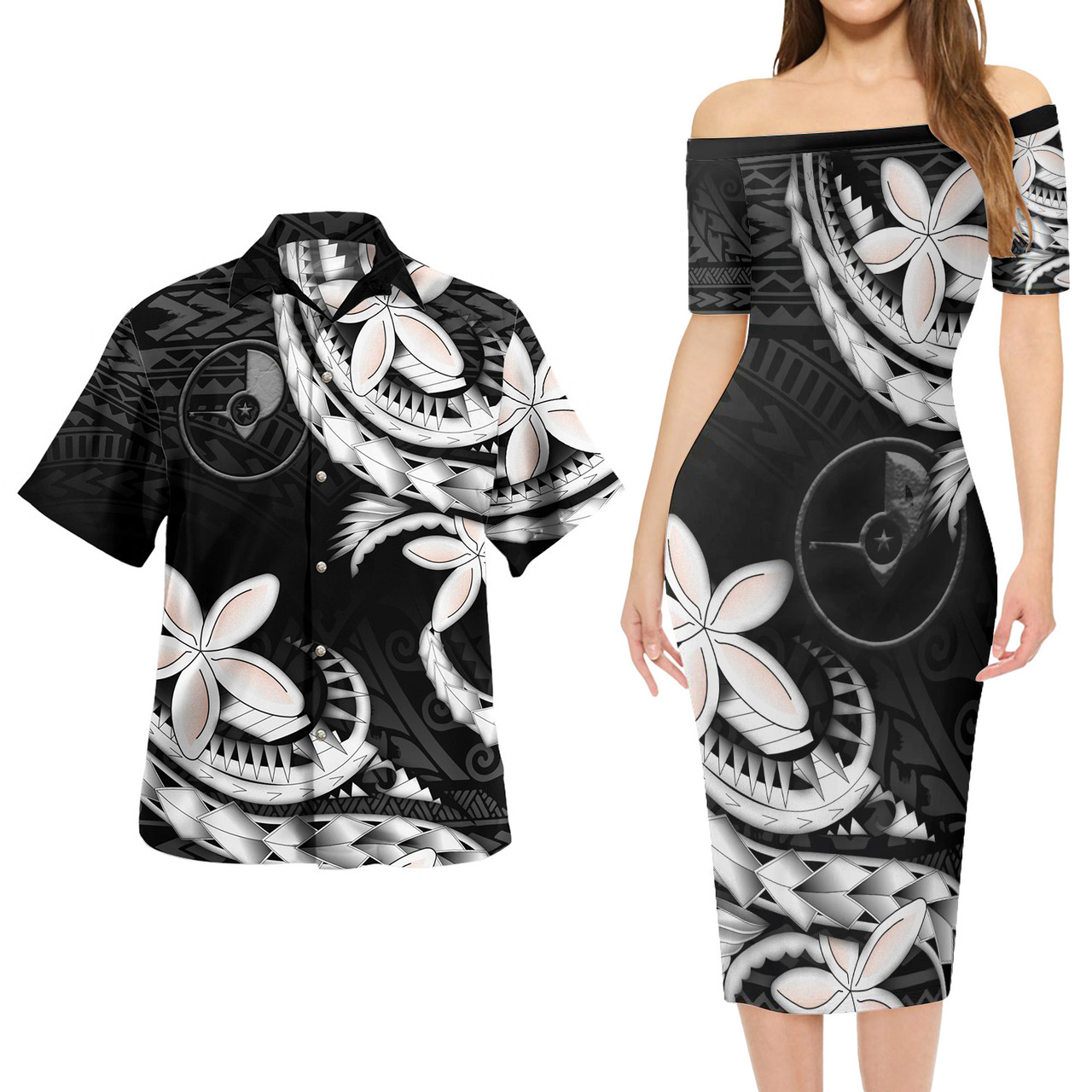 Yap State Combo Short Sleeve Dress And Shirt Polynesian Patterns Plumeria Flowers Special Style
