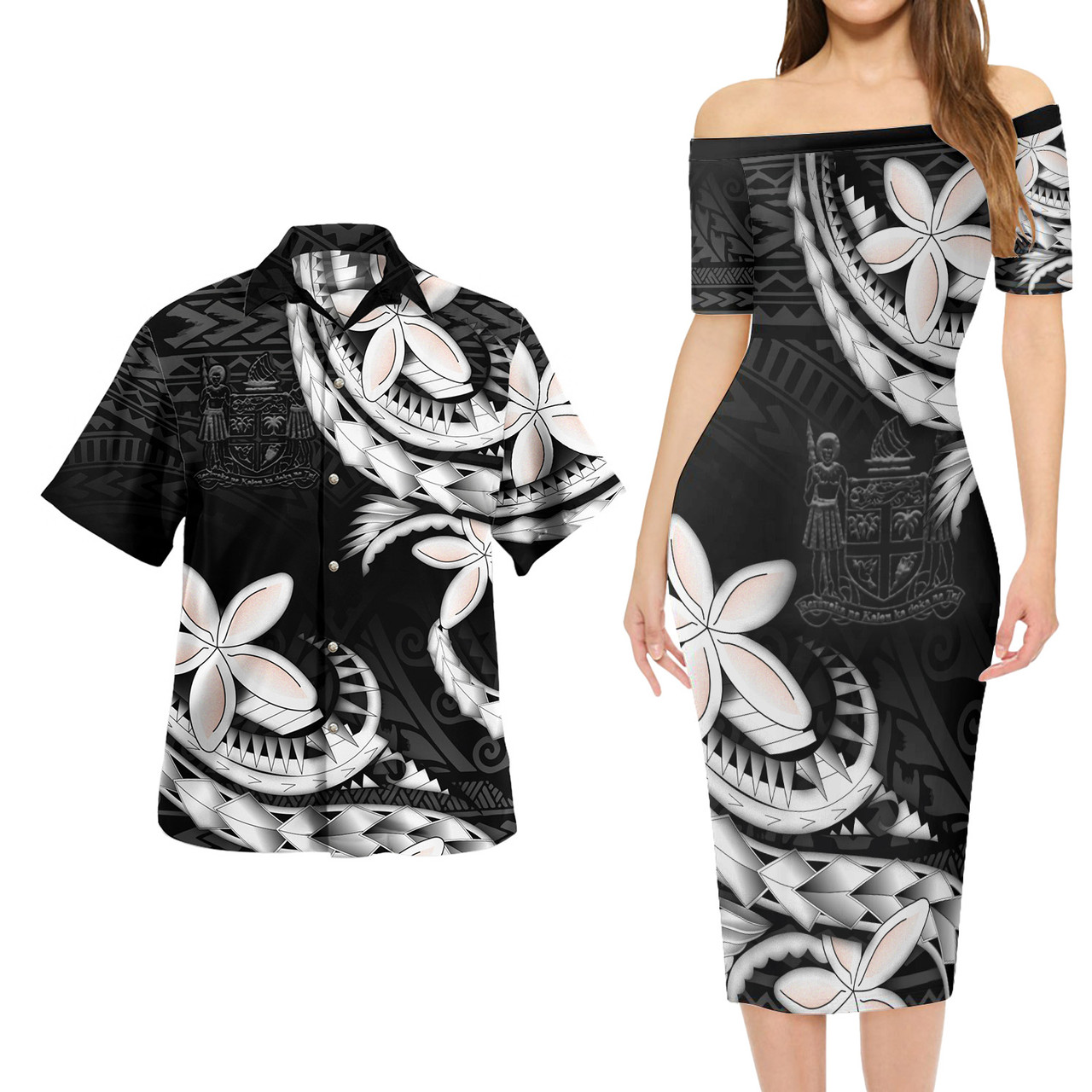 Fiji Combo Short Sleeve Dress And Shirt Polynesian Patterns Plumeria Flowers Special Style