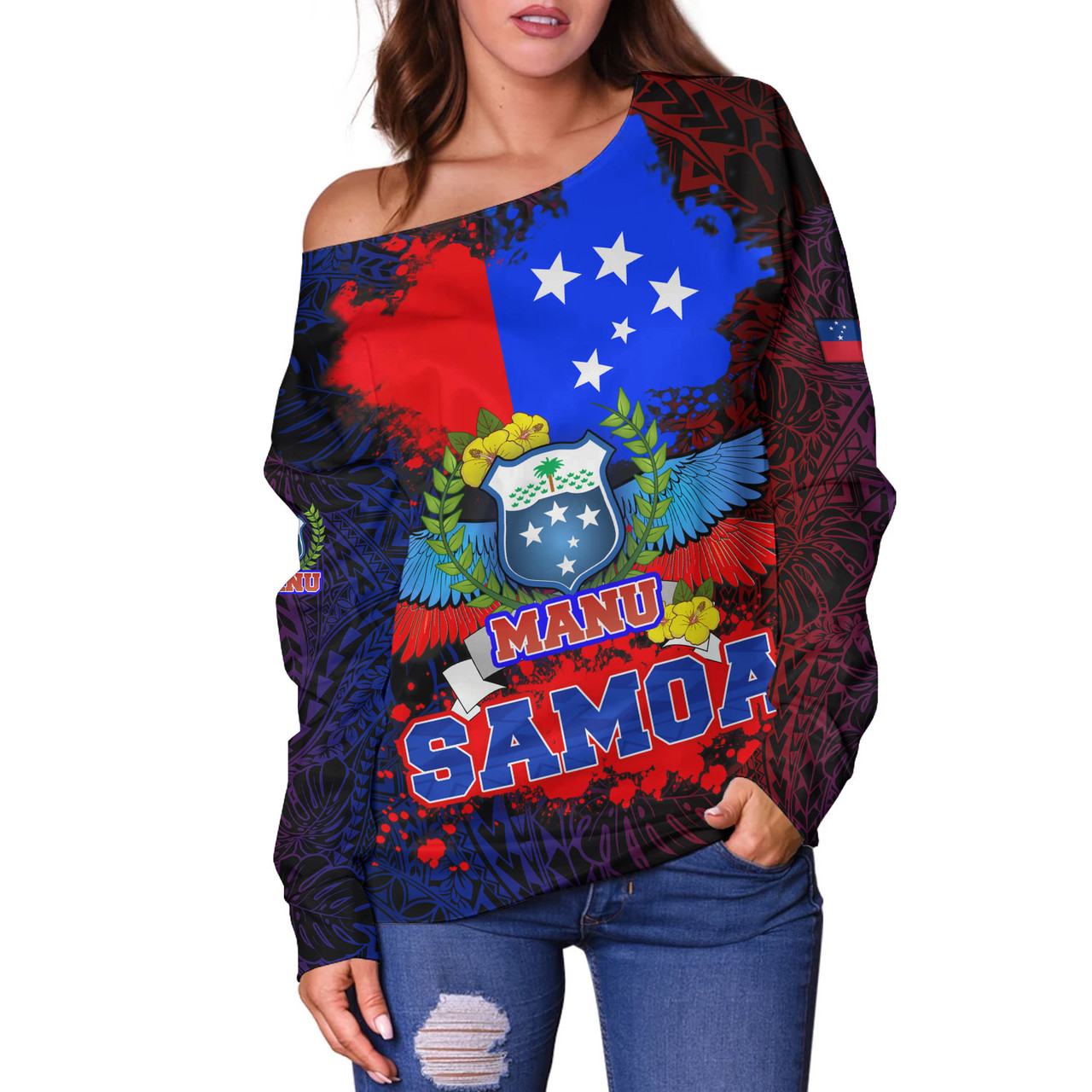 Samoa Off Shoulder Sweatshirt Manu Wings Color Flag Style