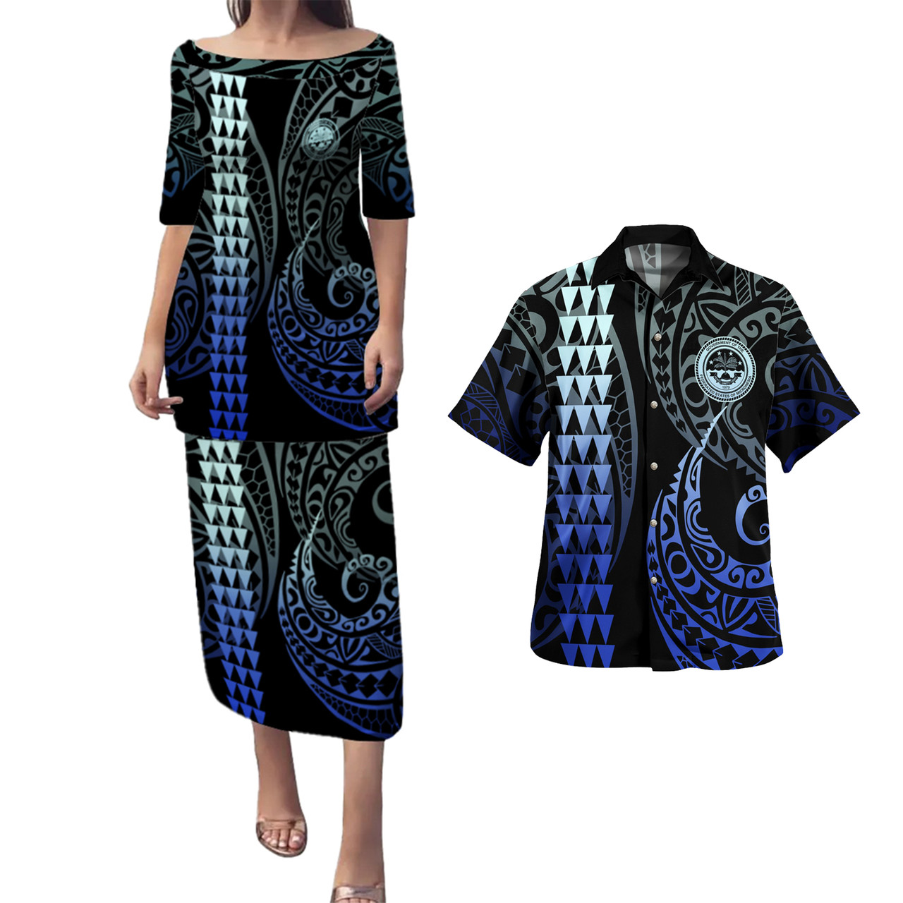 Federated States Of Micronesia Combo Puletasi And Shirt Kakau Style Gradient Blue