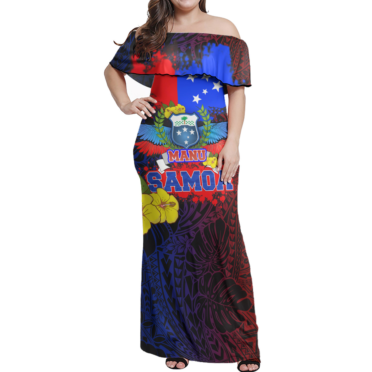 Samoa Combo Off Shoulder Long Dress And Shirt Manu Wings Color Flag Style